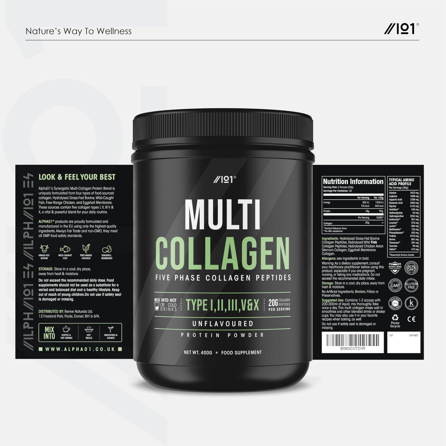 Multi Collagen Protein Powder (400g) - Types I, II, III, V & X - Hydrolyzed Grass Fed Bovine, Wild Caught Fish, & Free-Range Chicken & Eggshell Collagen. Non-GMO, Halal.
