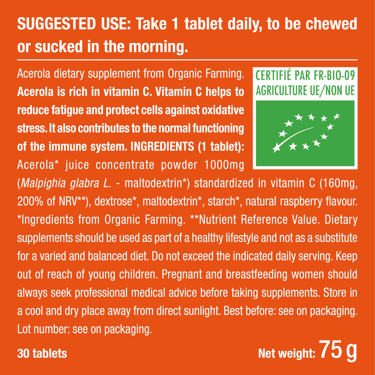 Laboratoires Nutrimea Organic ACEROLA 1000 mg | Natural Vitamin C | Highly Concentrated | Reduces Fatigue, Protects from Oxidative Stress & Strengthens the Immune System | 30 Vegan Tablets | French Expertise