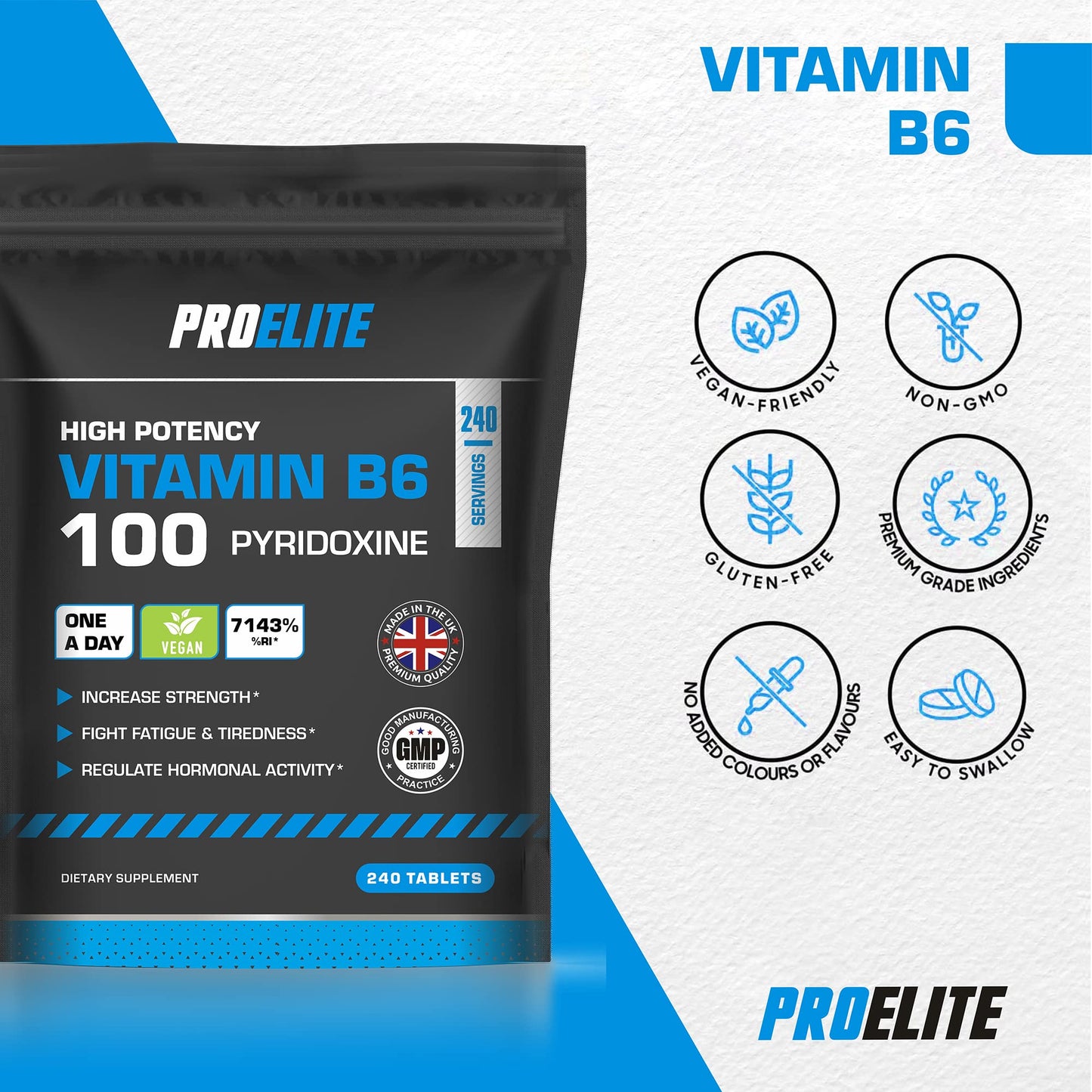 Vitamin B6 100mg - 120 Vegan Tablets 7000% Nrv Dose High Strength ๏ฟฝ B6 Vitamins Contributes to Healthy Metabolism, Reduction of Tiredness, Normal Immune & Nervous System Function ๏ฟฝ PROELITE