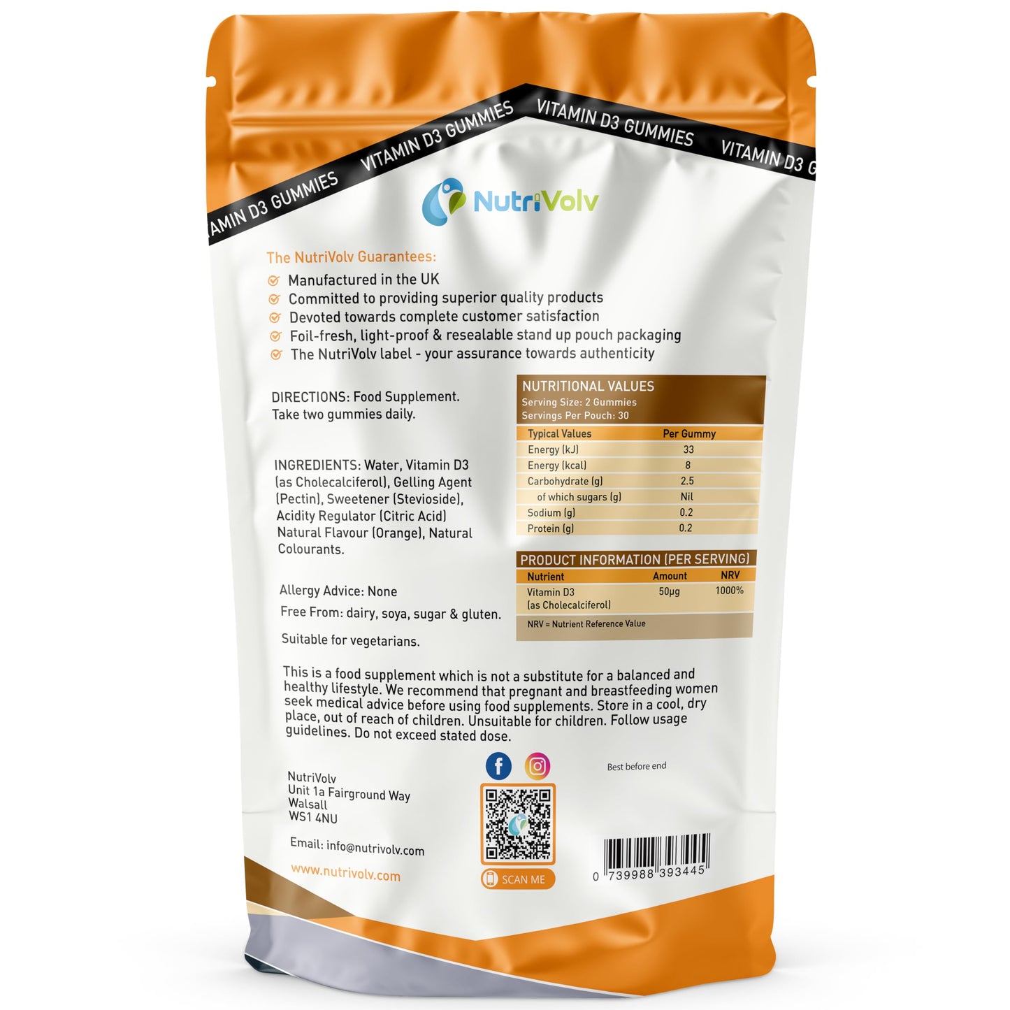 Vitamin D3 Gummies 2000 IU | 60 Chewable Vitamin D Gummies | Vegetarian | Gluten-Free | Sugar Free | Non-GMO | Orange Flavour | High Strength Vitamin D Supplement | Immune Support | by NutriVolv