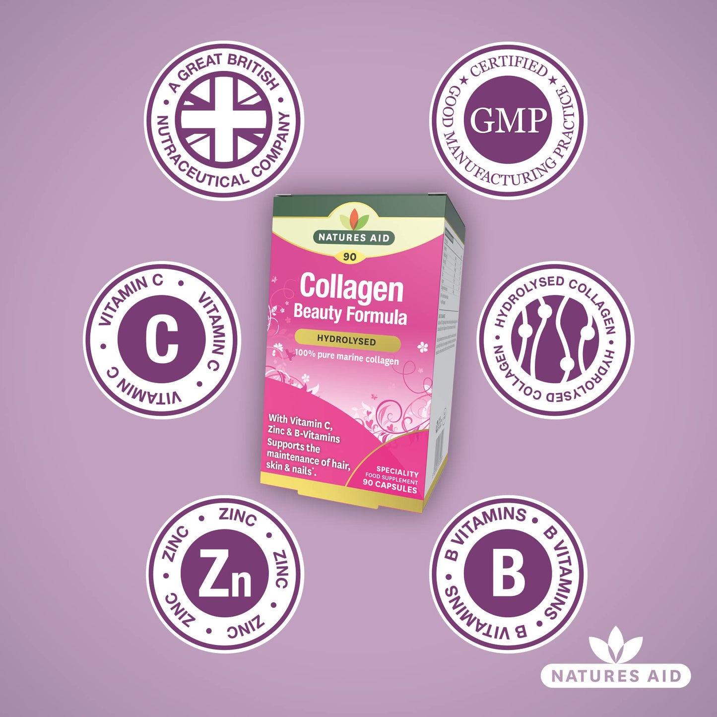 Natures Aid Collagen Beauty Formula (with Vitamin C, Zinc & B-Vitamins), 90 Capsules