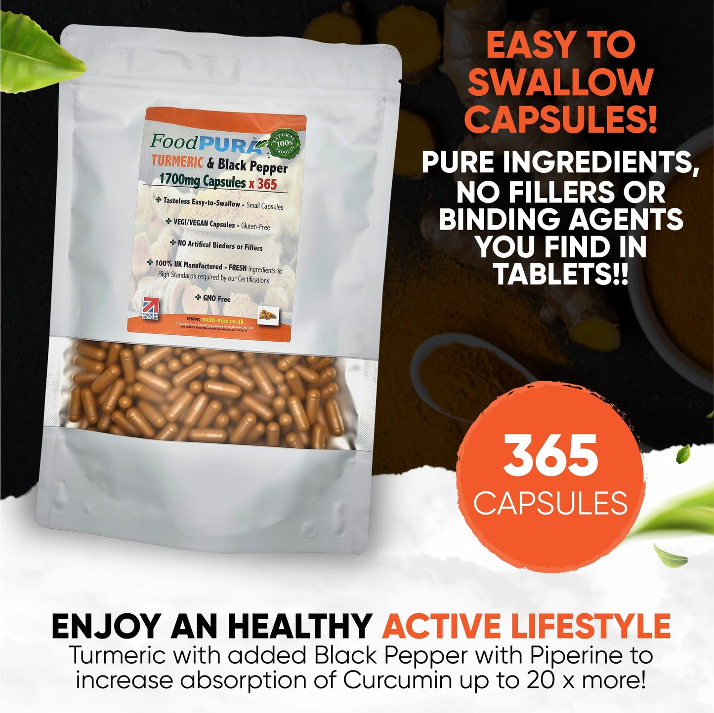 FoodPURA Turmeric with Black Pepper Capsules High Strength 1700mg HACCP Certified, Manufactured in The UK by FoodPURA 1 Pack of 365 Capsules … …