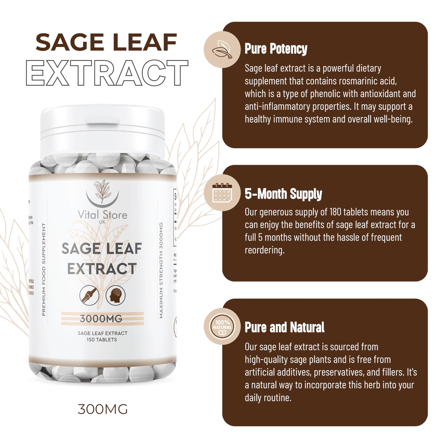 Sage Leaf Extract 3000MG - 5 Month Supply - 150 Vegan Tablets - Sage Leaf Extract Rosmarinic Acid High Strength Sage Extract