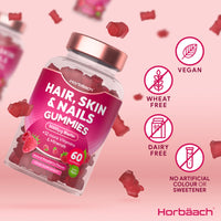 Hair Skin and Nails Vitamins | 5000µg Biotin, Zinc, Vitamin C, E & More! 60 Vegan Gummies | Supplement for Women and Men | by Horbaach