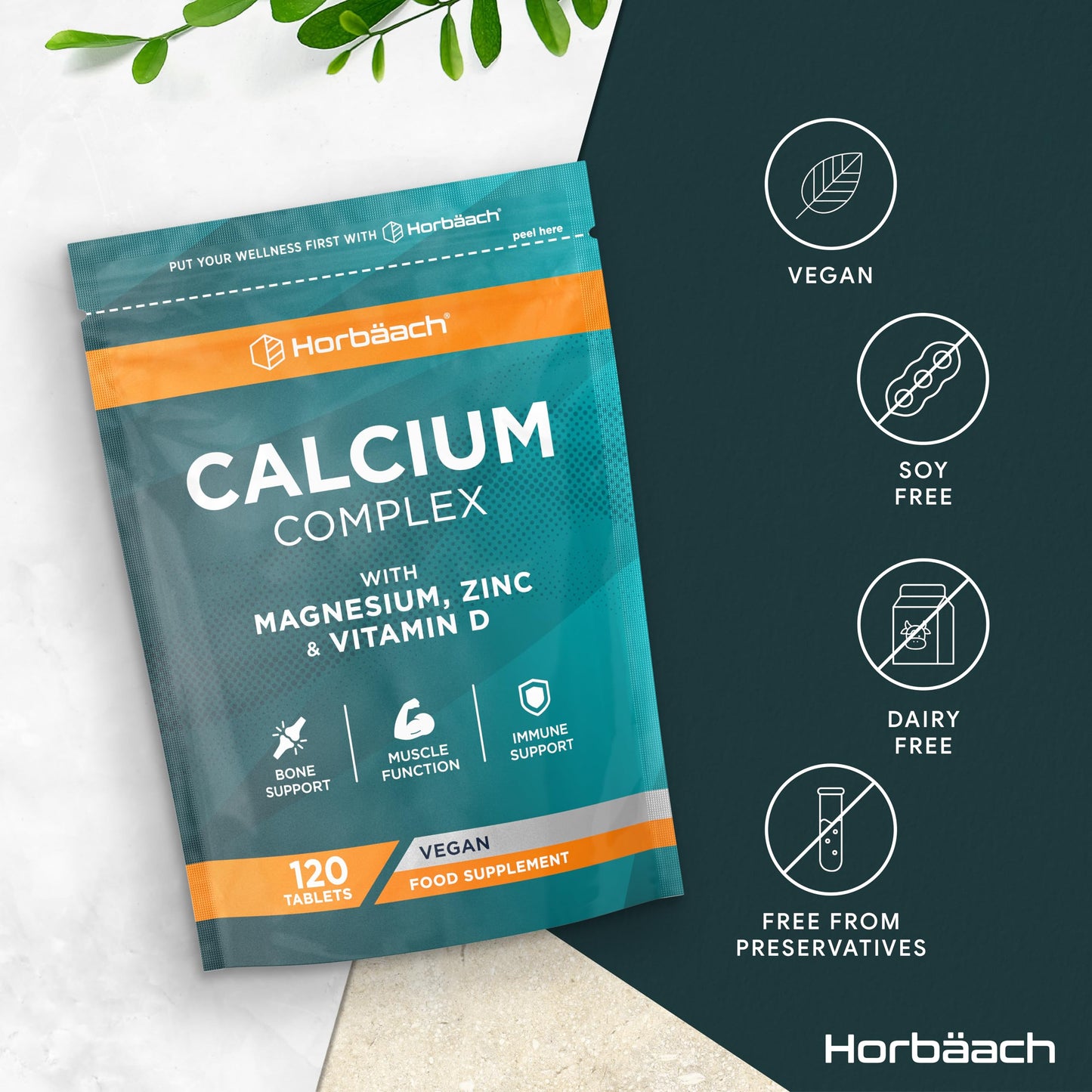 Horbäach Calcium Tablets | Calcium, Magnesium, Zinc and Vitamin D | High Strength Complex | 120 Vegan Tablets | Supplement for Women & Men | Horbaach