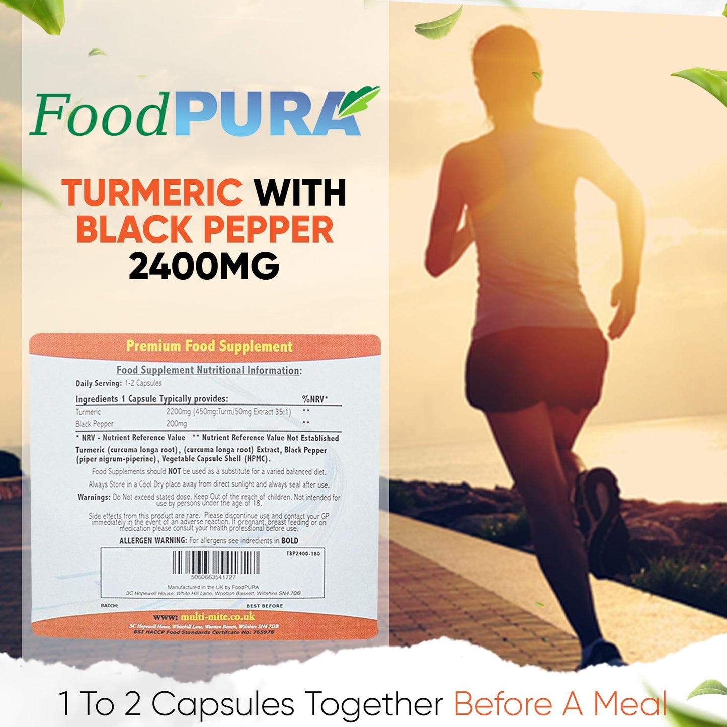 FoodPURA Turmeric with Black Pepper Capsules High Strength 2400mg HACCP Certified, Manufactured in The UK by FoodPURA 1 Pack of 180 Capsules