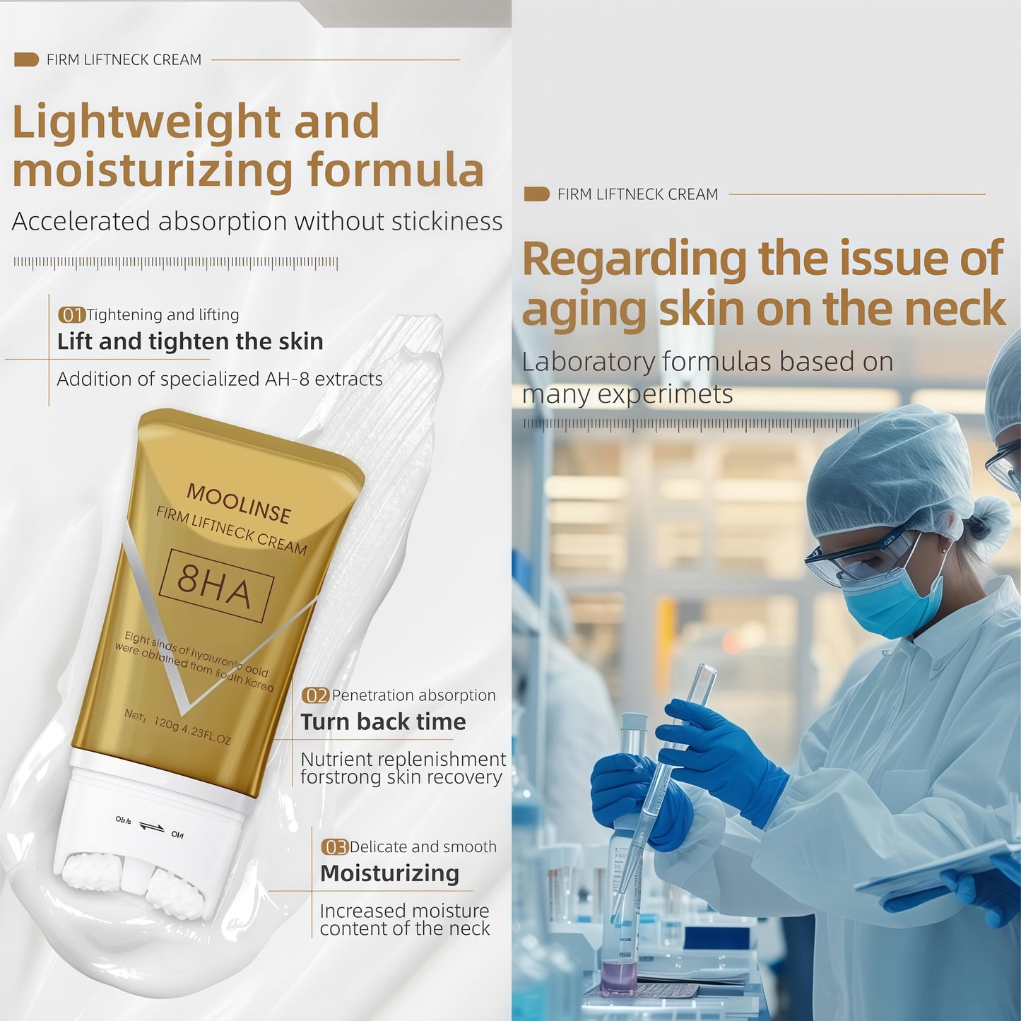 ANGEL SILK 8HA Firming Neck Cream, Tighten and Lift Neck Cream, Contain Hexapeptide, Moisturizing, Tightening Lotions, with Double Roller Massage, Reduce Wrinkles Fine Lines, Firm Sagging Skin