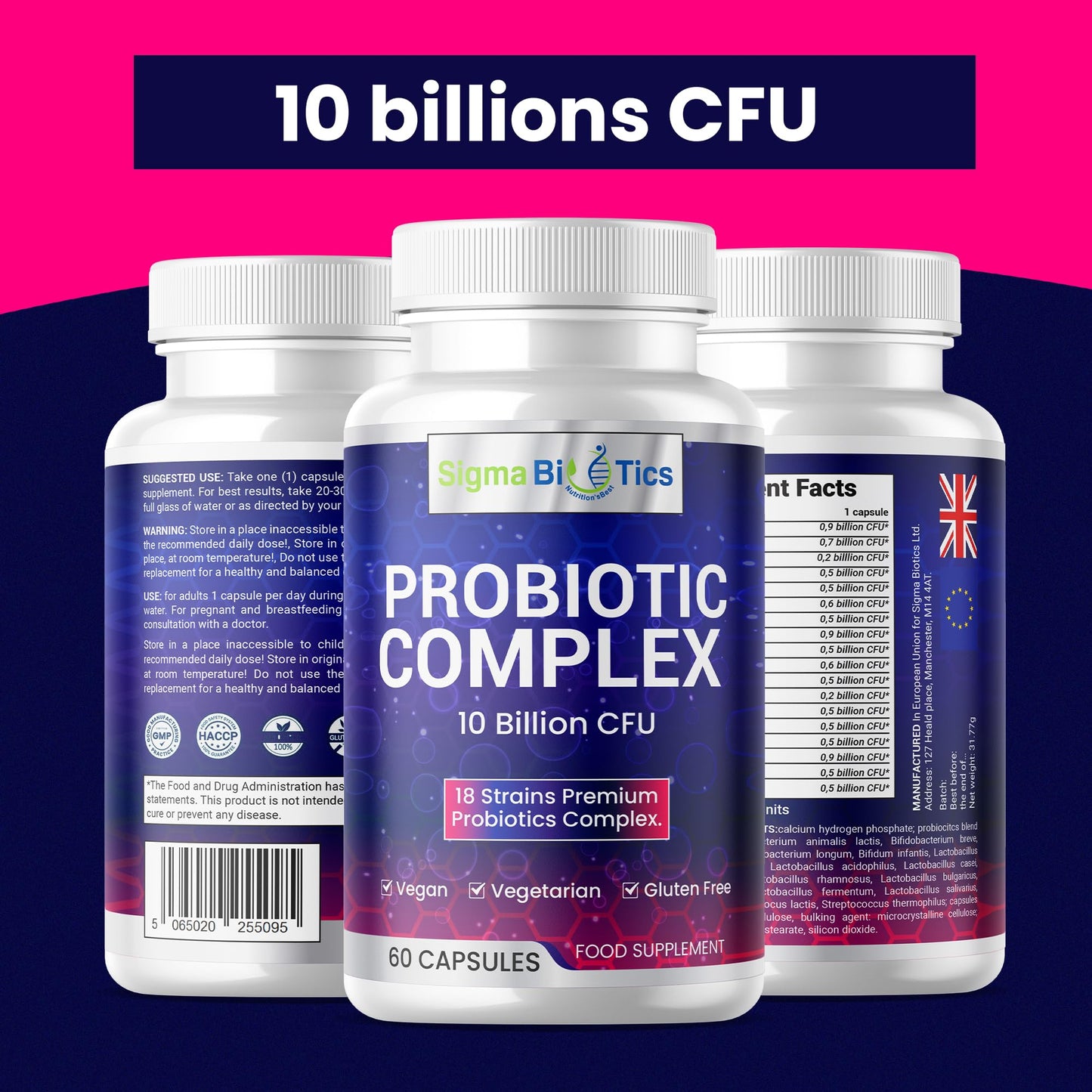 SigmaBiotics Probiotic Complex - Vegetarian Multi Strain with Lactobacillus Acidophilus & Bifidobacterium - 18 Premium Strains with 10 Billion CFU - Digestive and IBS Support Supplement- 60 Capsules