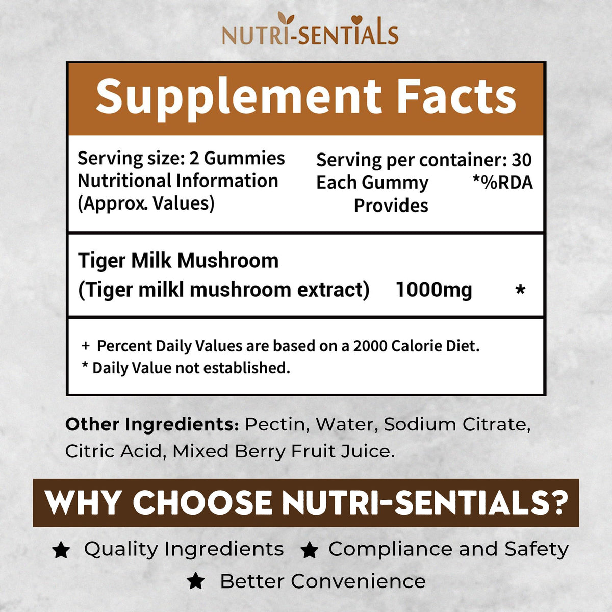 Nutri-Sentials Tiger Milk Mushroom Gummies – High-Strength Dietary Supplement for Immune Support and General Wellness, 1000mg, 60 Count