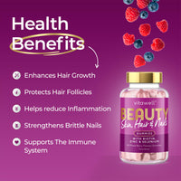 Vitawell Beauty Shine & Glow Gummies | Support for Hair Growth + Skin + Nails Vitamins Chews | Complex Formula Biotin, Zinc, Selenium & Vitamin E | 60 Sweet Berry Flavour | | Multivitamin Gummies