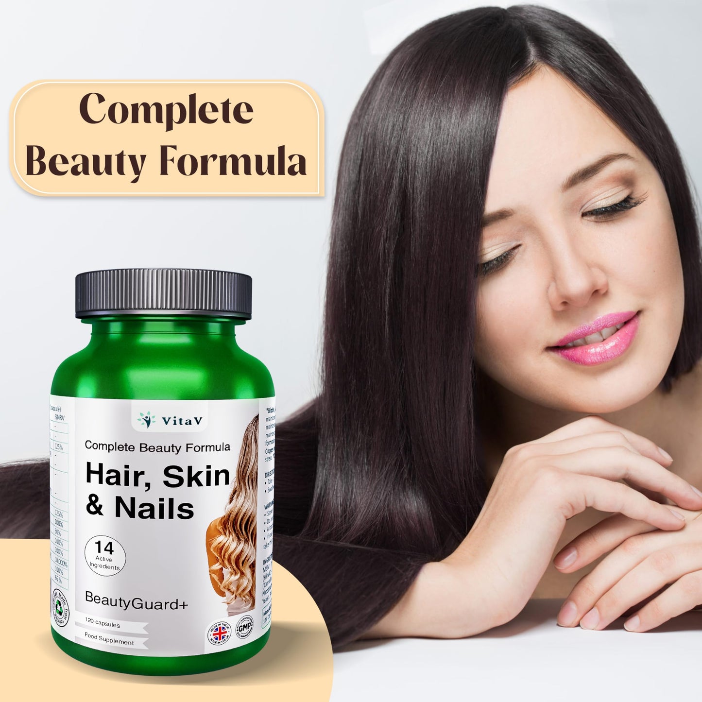 VitaV Hair Skin and Nails Vitamins | Biotin Supplements with Hyaluronic Acid MSM Silica Selenium Zinc Supplements Biotin Hair Growth Vitamins Beauty Formula Hair Vitamins Nail Care Hair Repair Multivitamin
