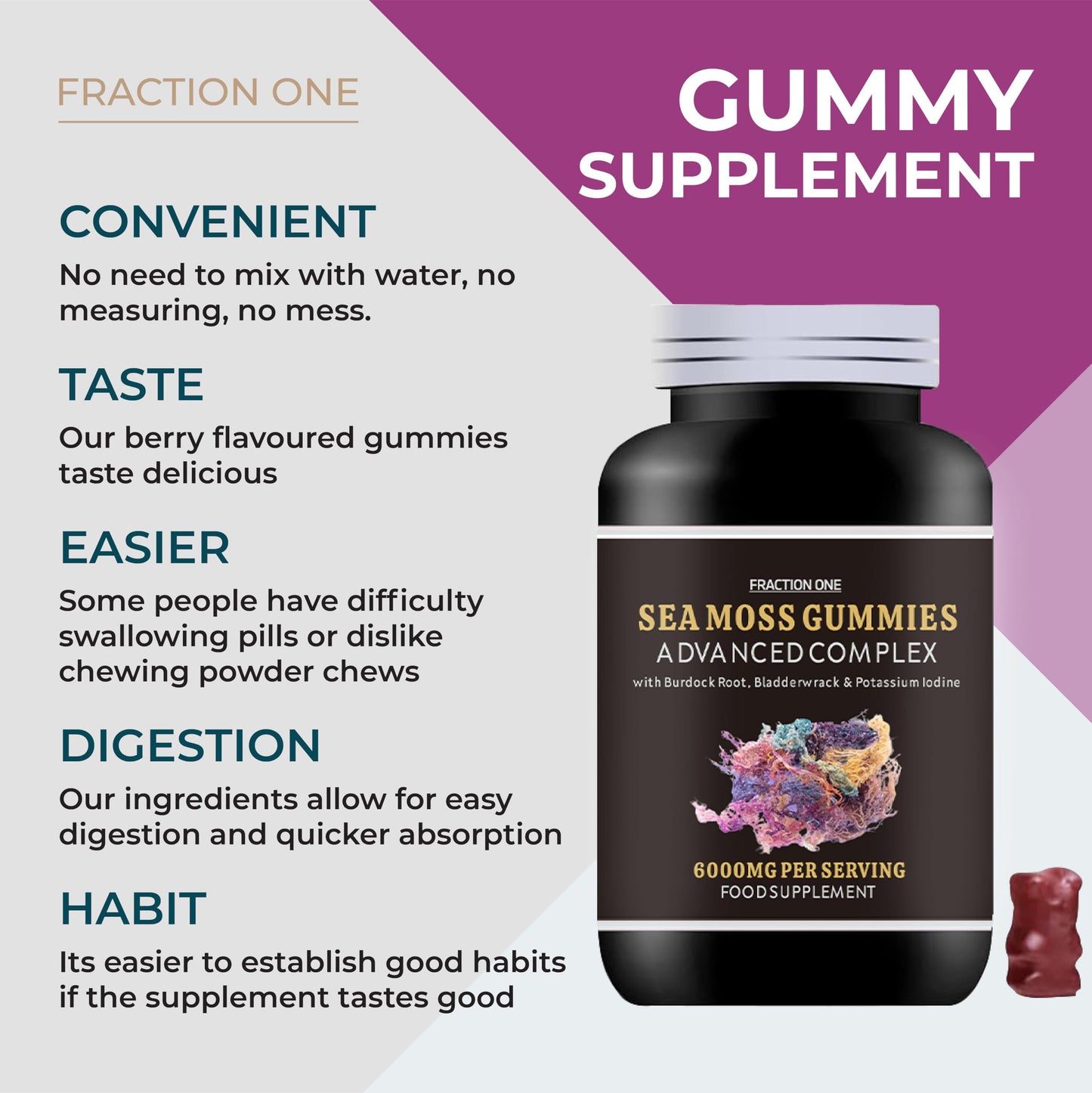 Fraction One Irish SEA Moss Gummies | 120 Gummies | HIGH Strength | 6000MG | Advanced Complex | Irish SEA Moss | Burdock Root | BLADDERWRACK | Potassium Iodine |Sugar Free | 60 Servings | 2 Months Supply | Vegan