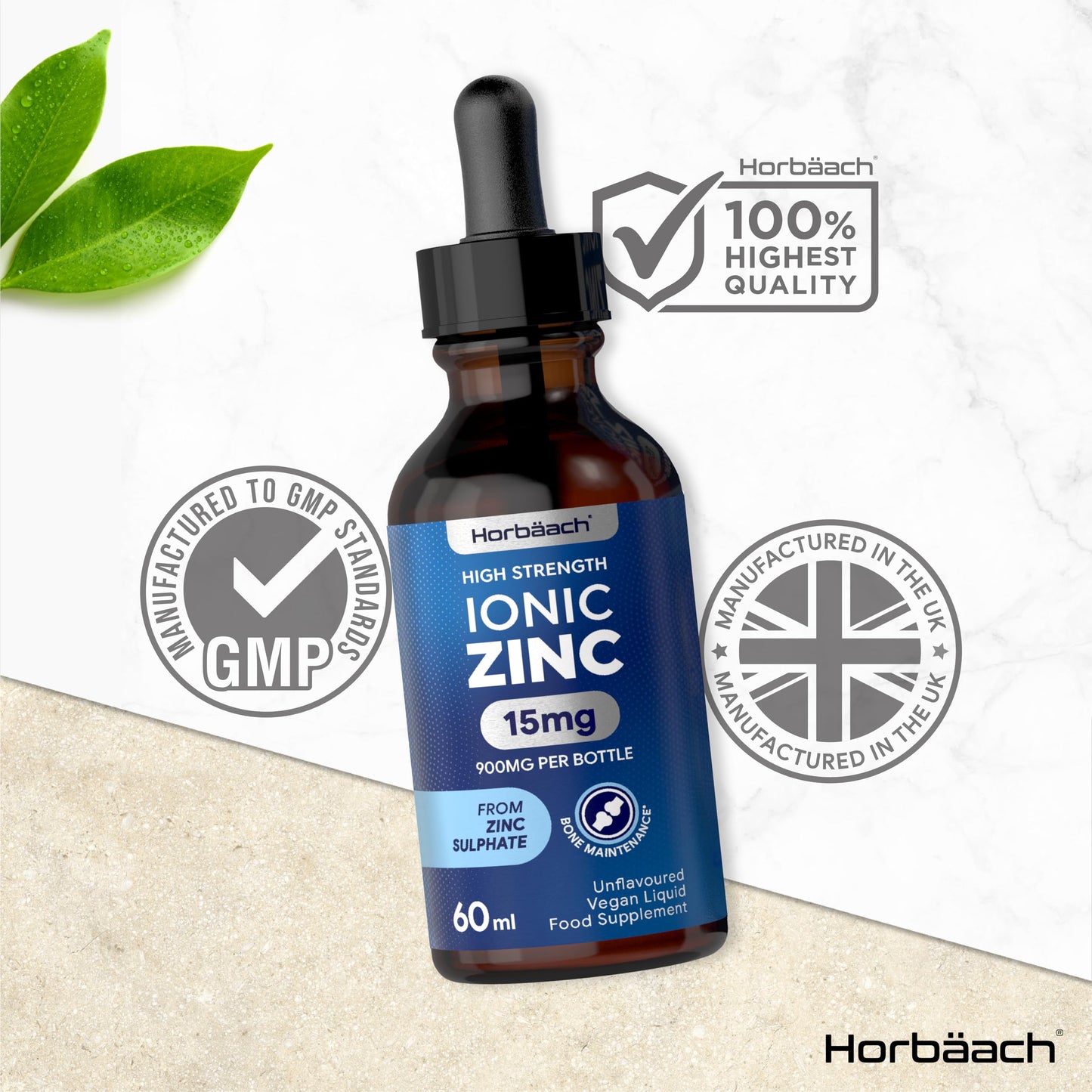 Ionic Zinc Liquid | High Strength 15mg Zinc Supplement from Zinc Sulphate | 900mg Per Bottle - 60ml Liquid Drops | Suitable for Vegetarians & Vegans | by Horbaach