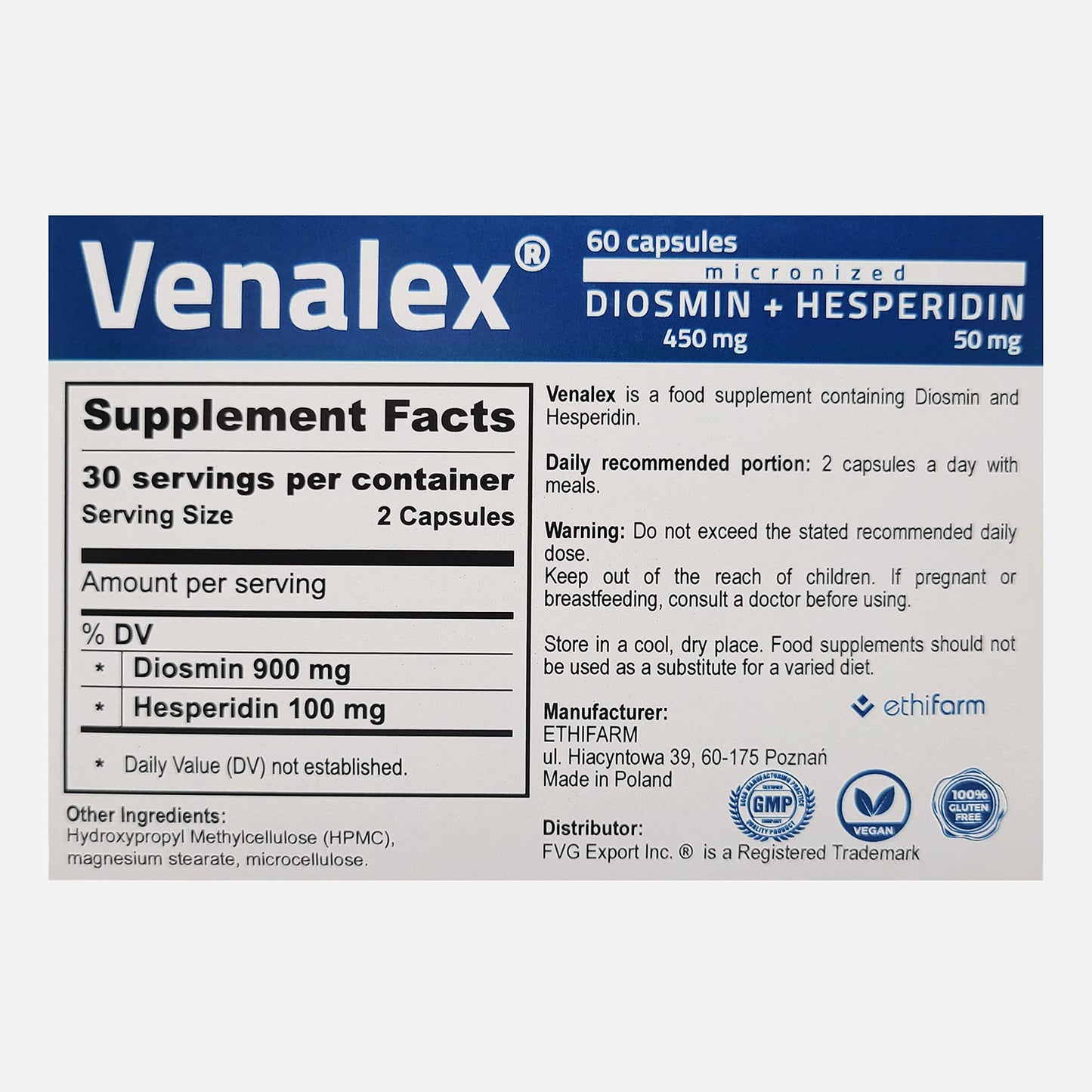 Venalex 500- Diosmin 450 Hesperidin 50- Gluten Free, Vegan- 60 Capsules- Pure Life Nutrition