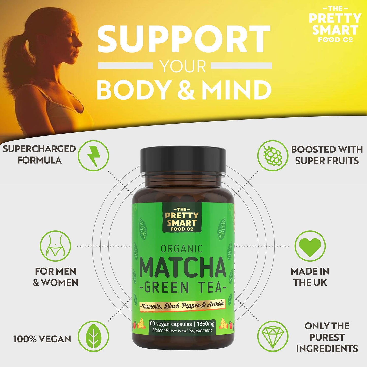 Green Tea Extract Capsules - Organic Matcha Green Tea Tablets - Boosted with Turmeric, Acerola Cherry & Black Pepper - 1360MG Complex - Green Tea Supplement - 60 Capsules - UK Made