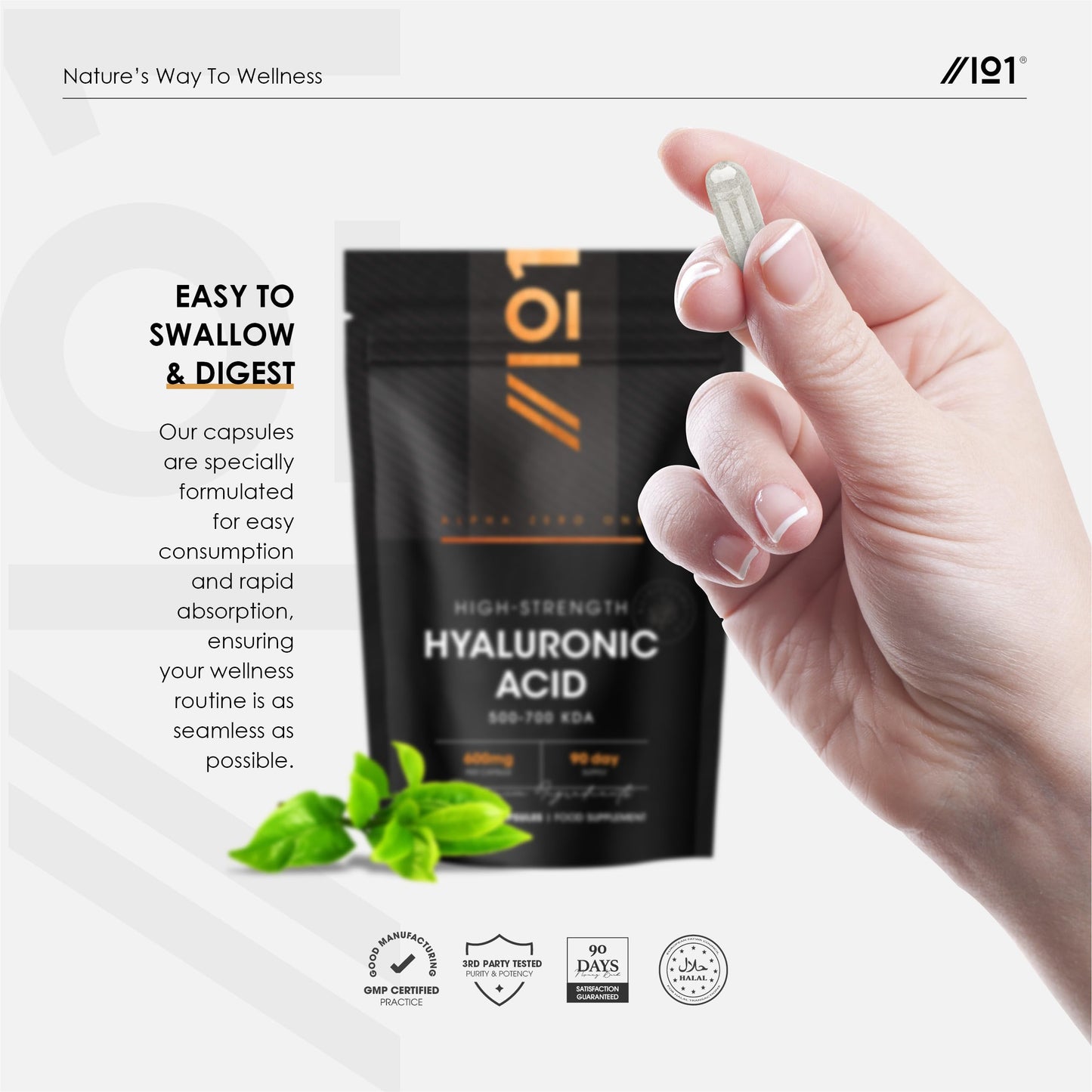 ALPHA01 Hyaluronic Acid Supplement 600mg (800-1500 KDA) - 90 Vegan Triple Strength Hyaluronic Acid Capsules - 3 Month Supply - Natural Skin, Hair & Joint Supplement for Women & Men - Superior Absorption