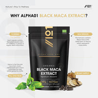 ALPHA01 Organic Black Maca Extract 15,000mg with Black Pepper - 90 Vegan Capsules (3 Months Supply) – High Strength 30:1 Black Maca Extract - Resealable and Recyclable Pouch – by Alpha01