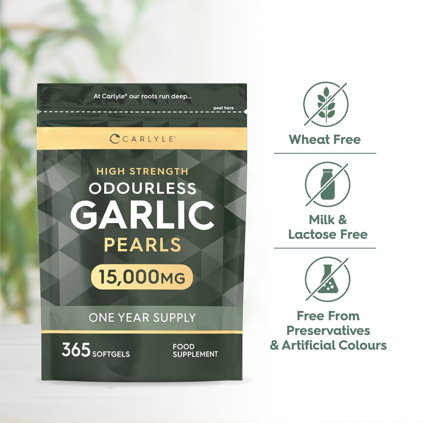 Odourless Garlic Capsules 15000mg | 365 Count | High Strength Garlic Oil | One Year Supply | No Artificial Preservatives | by Carlyle