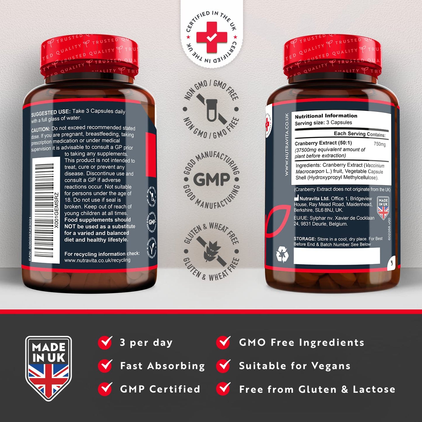 Max Strength Cranberry 37,500mg - 180 Vegan Capsules – Daily Supplement for Women – 50:1 Pure Cranberry Extract Supplement – Made in The UK by Nutravita