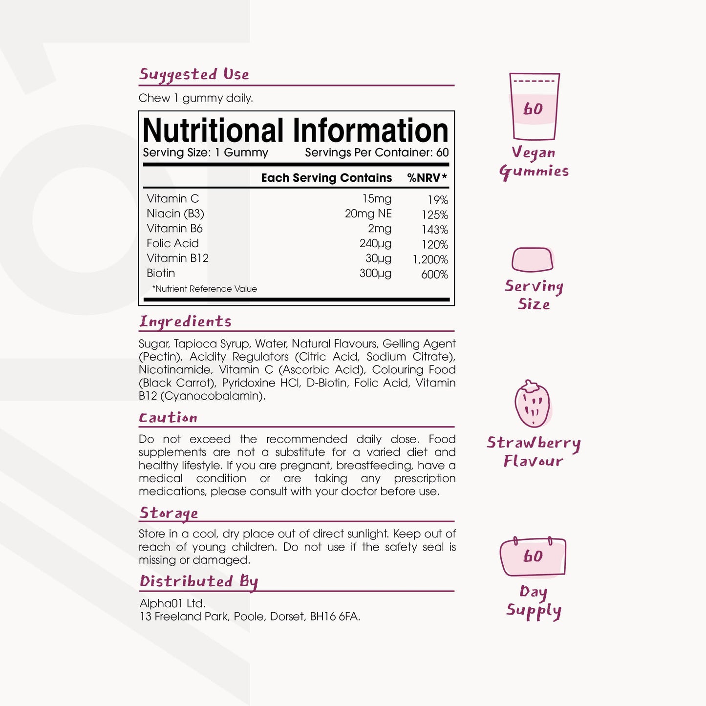 B Complex Gummies - Potent Formula Contains 5 Essential B Vitamins & Vitamin C, Strawberry Flavour - Halal, Non GMO - 60 Vegan Fruity Gummies.