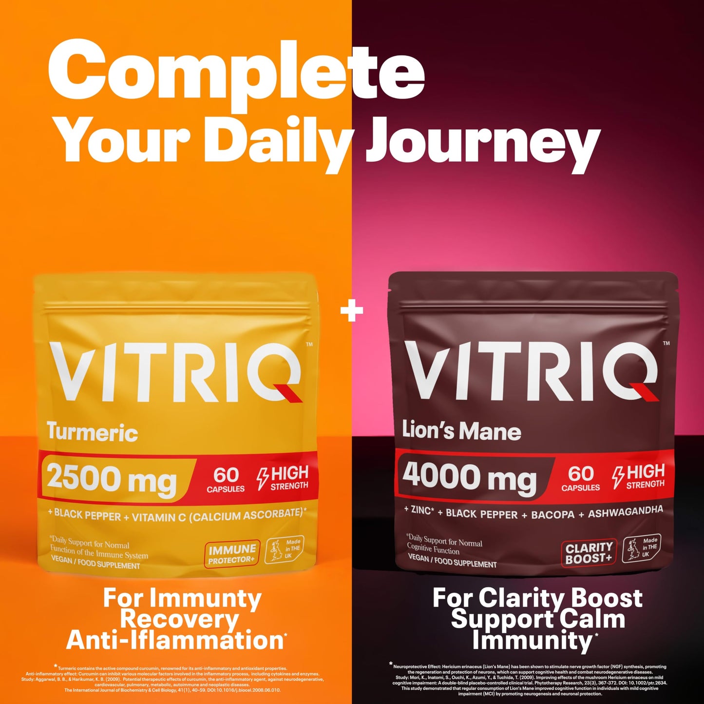 VITRIQ Turmeric 2500mg Per 1 Capsule + Black Pepper 250mg + Vitamin C 400mg, 60 Capsules - One-a-Day, High Strength Turmeric with Black Pepper Capsules, Curcrumin Immune Support Complex Made in the UK