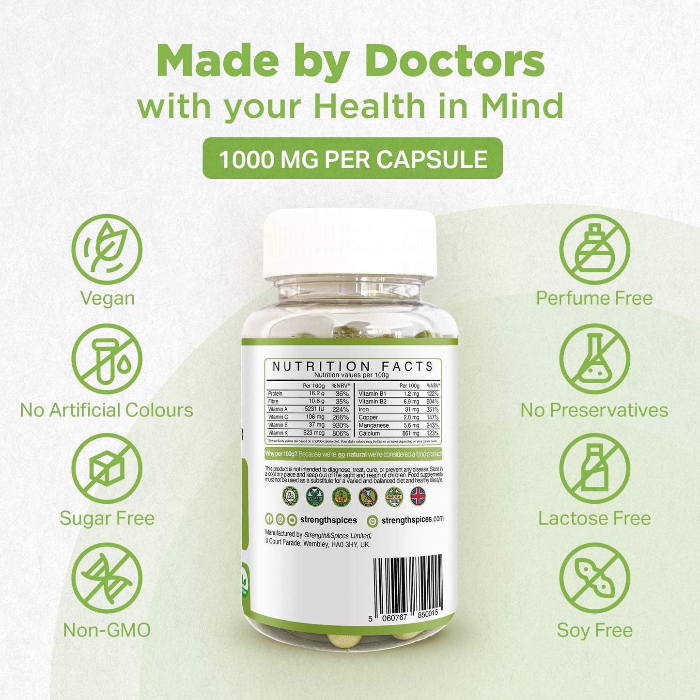 STRENGTH & SPICES100% Natural Vegan Food Supplements Strength & Spices Immune System Booster, Turmeric and Black Pepper Capsules with Moringa Powder, and Maca, Antioxidant-Rich Blend to Improve Immune Functions and Overall Wellness, 1000mg, 60 Capsules