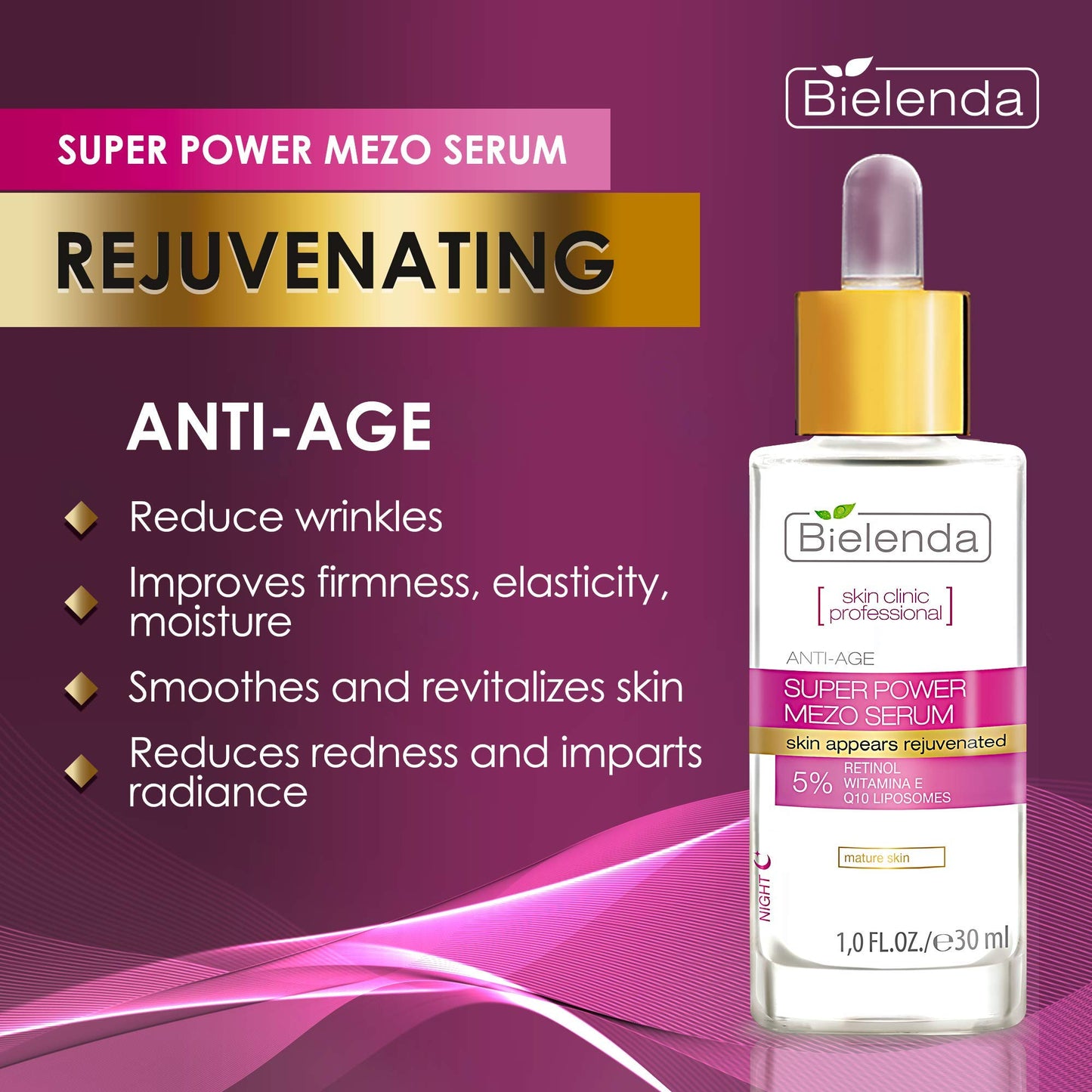 Bielenda Skin Clinic - Face Serum - Reduces Wrinkles Improves Firmness, Elasticity, Smoothes And Revitalizes Skin Cells - Skin Clinic Professional Face Serum With Retinol And Q10-30 ml