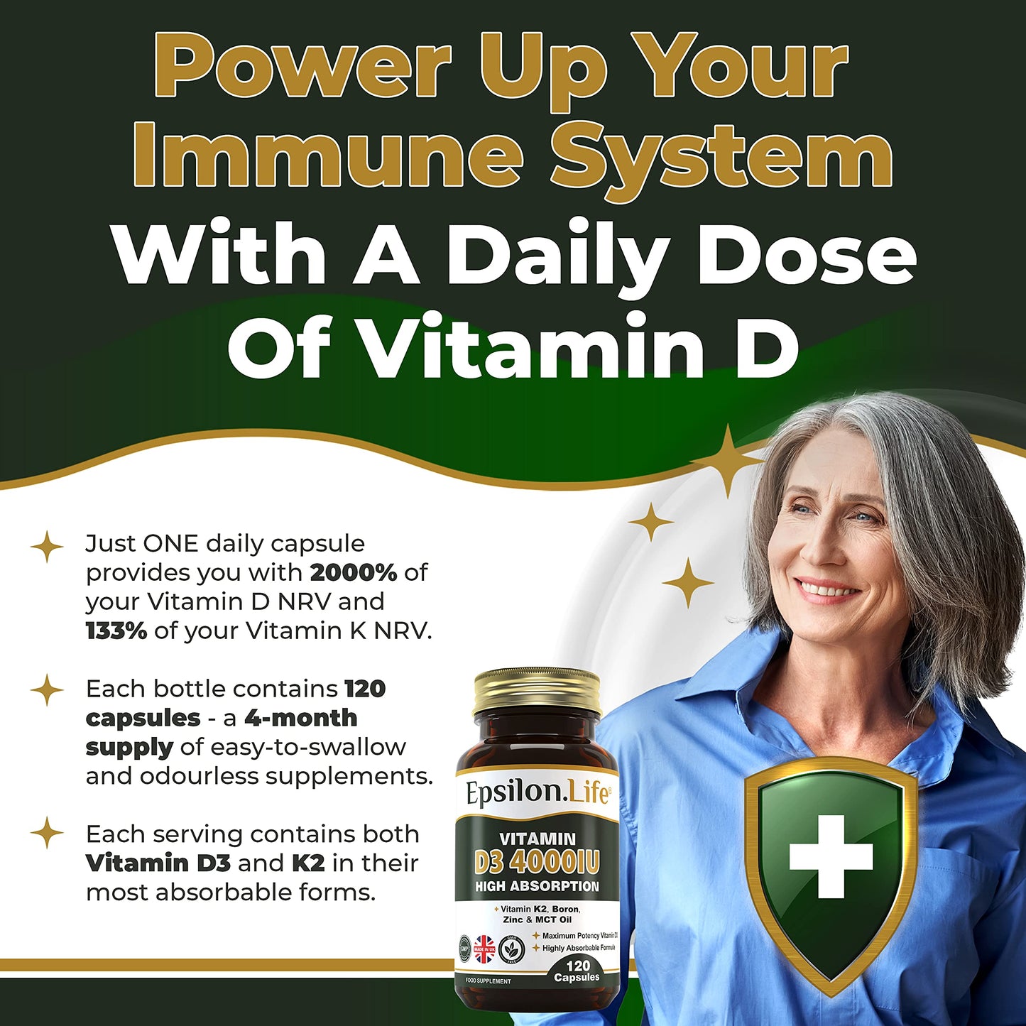 Vitamin D3 K2 Zinc Supplement – Vitamin D 4000IU High Strength Formula with Vitamin K2 Mk7, Zinc, Boron and MCT Oil for Optimal Absorption – 120 D3 & K2 Capsules - Made in The UK