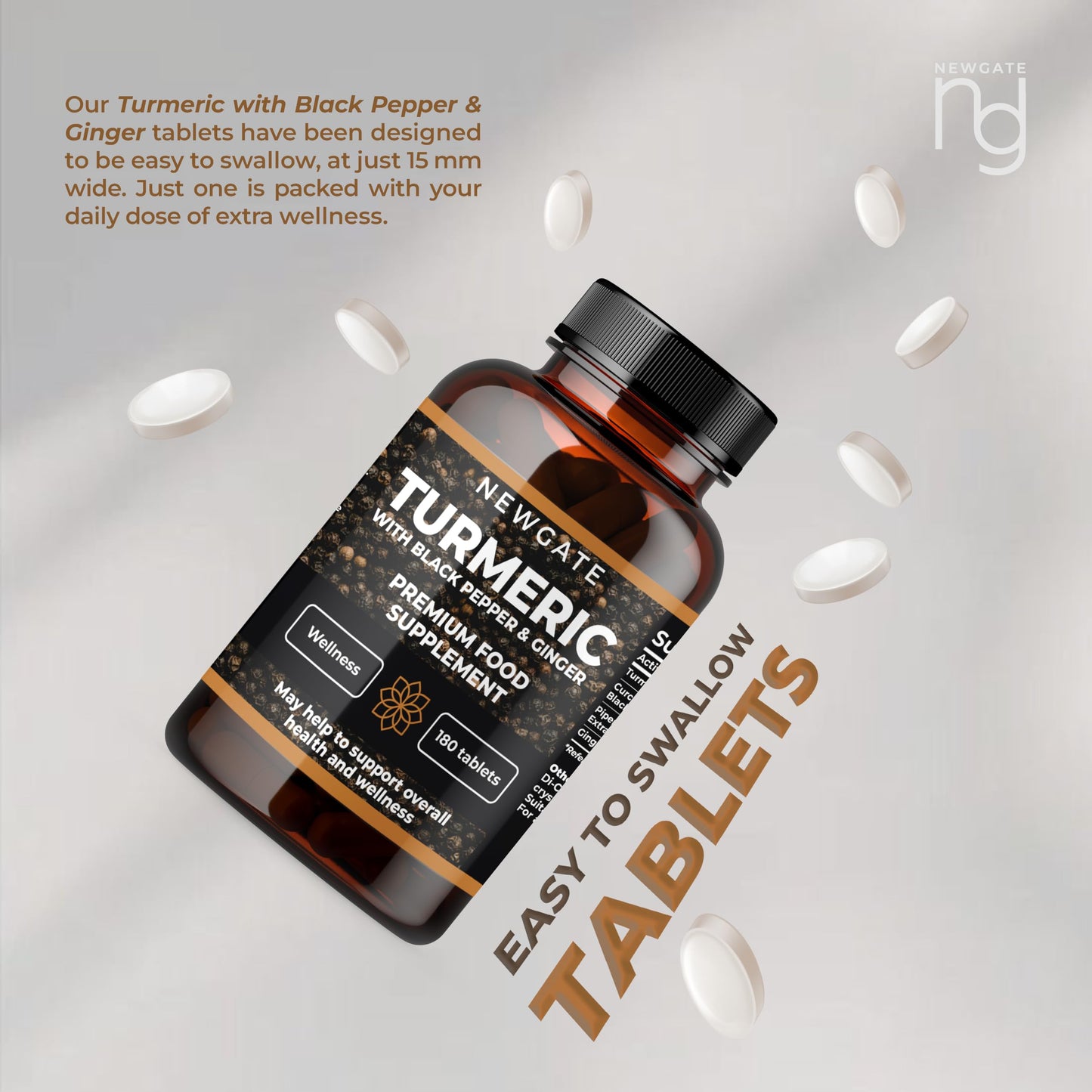 Newgate Labs Turmeric with Black Pepper and Ginger 180 High Strength Tablets - Overall Wellness Support - Premium Nutritional Supplement - GMO Free - Halal - Made in The UK