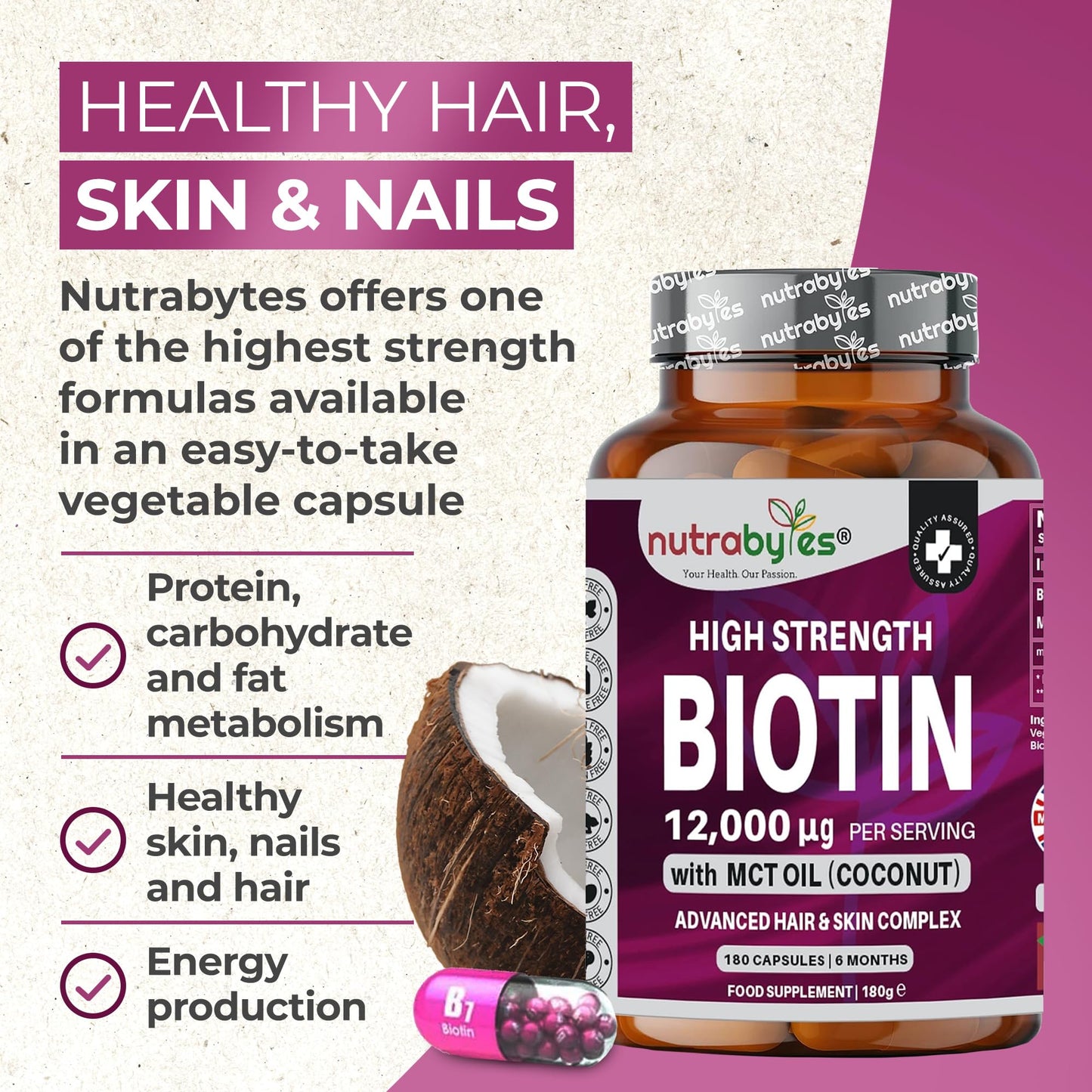 Biotin Hair Growth Supplement 12000mcg enriched with Coconut Oil (MCT), 180 Vegan Capsules, 6 Months Supply, Hair Growth Supplement Capsules for Men & Women, Healthy Skin, Hair, Nails - Made in UK
