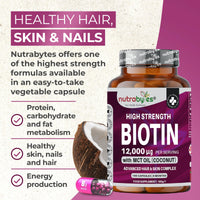 Biotin Hair Growth Supplement 12000mcg enriched with Coconut Oil (MCT), 180 Vegan Capsules, 6 Months Supply, Hair Growth Supplement Capsules for Men & Women, Healthy Skin, Hair, Nails - Made in UK