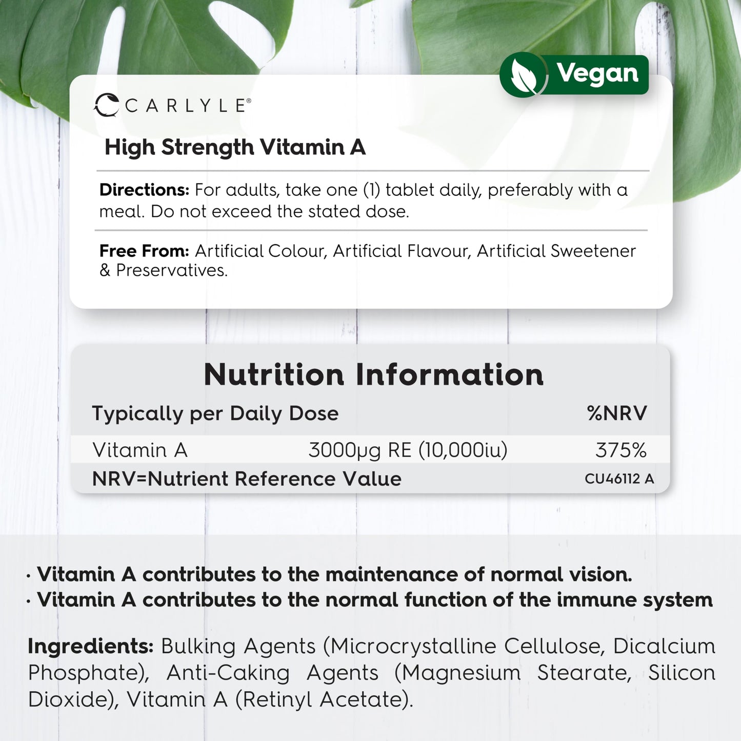 Vitamin A 10000 IU | 365 Tablets | Vitamin A as Retinol Acetate | High Strength | One Years Supply | Vegan and Vegatarian | by Carlyle