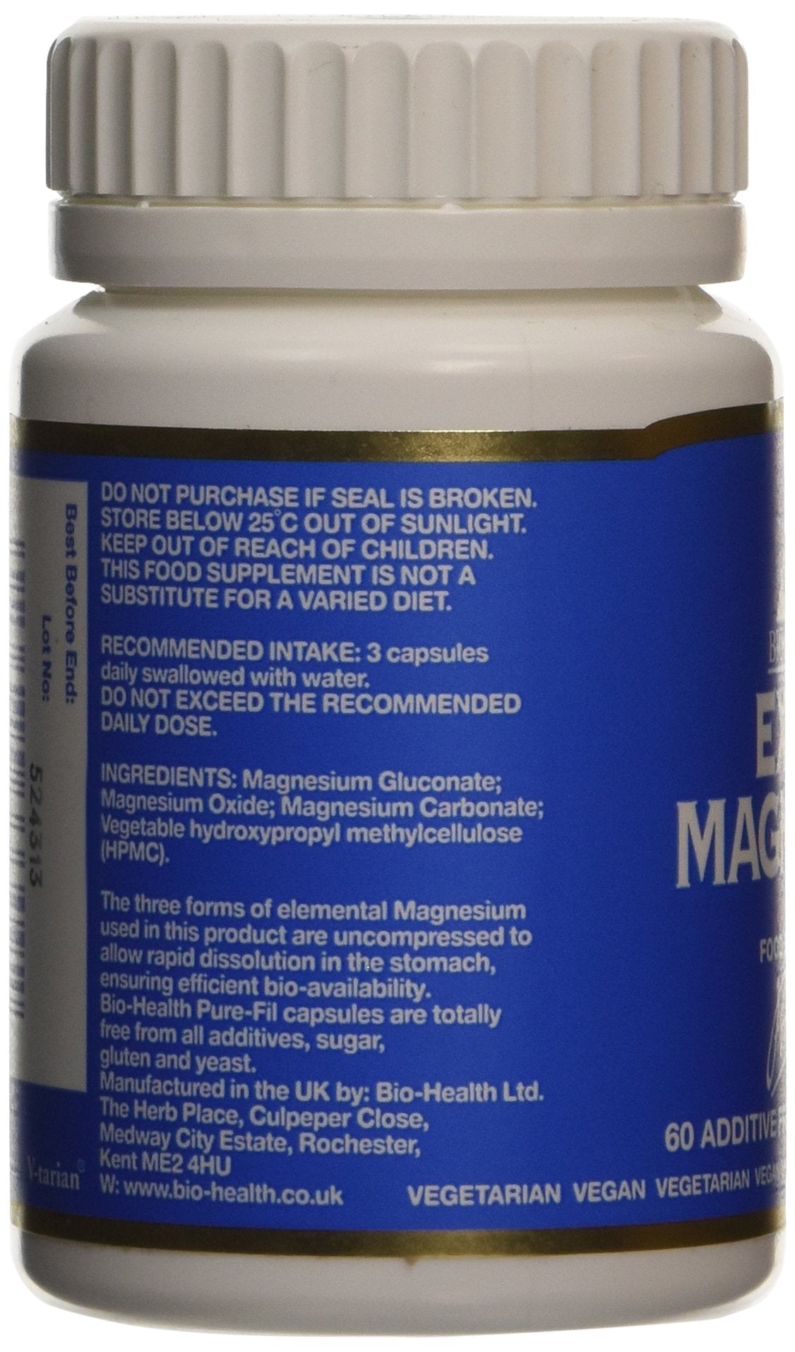 Bio-health Bio-Health Extra Magnesium Food Supplement for General Health, Supports Normal Function of Nervous System, Beneficial for Bones and Muscular Function, Additive Free, 60 Capsules