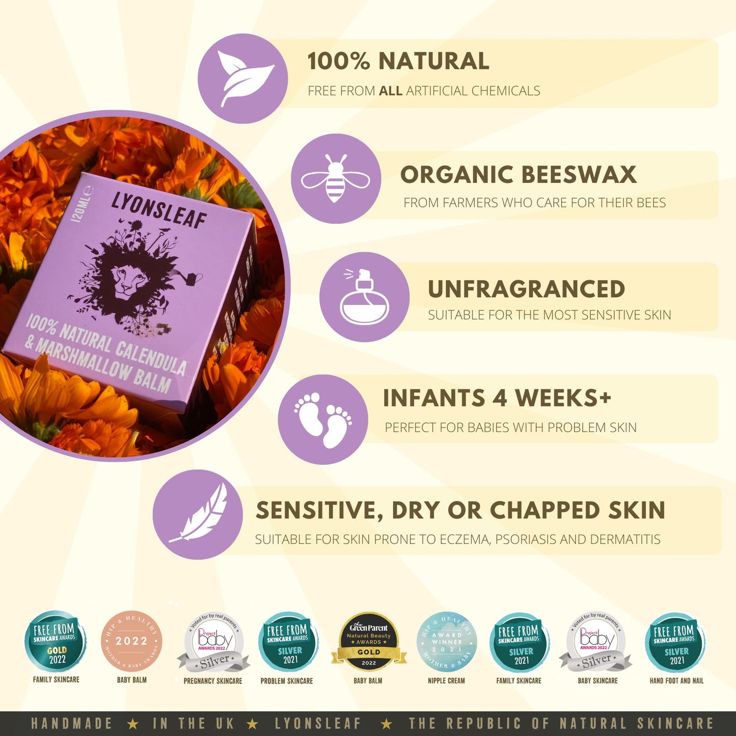 Calendula and Marshmallow Balm - 100% Natural - for dry, cracked, rough, hard or irritated skin (120ml)