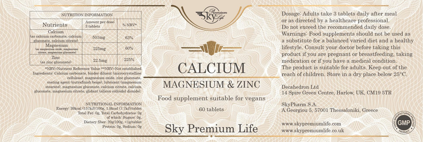 Sky Premium Life Calcium Food Supplement with Magnesium and Zinc – 2 x 60 Tablets - (120 Tablets)