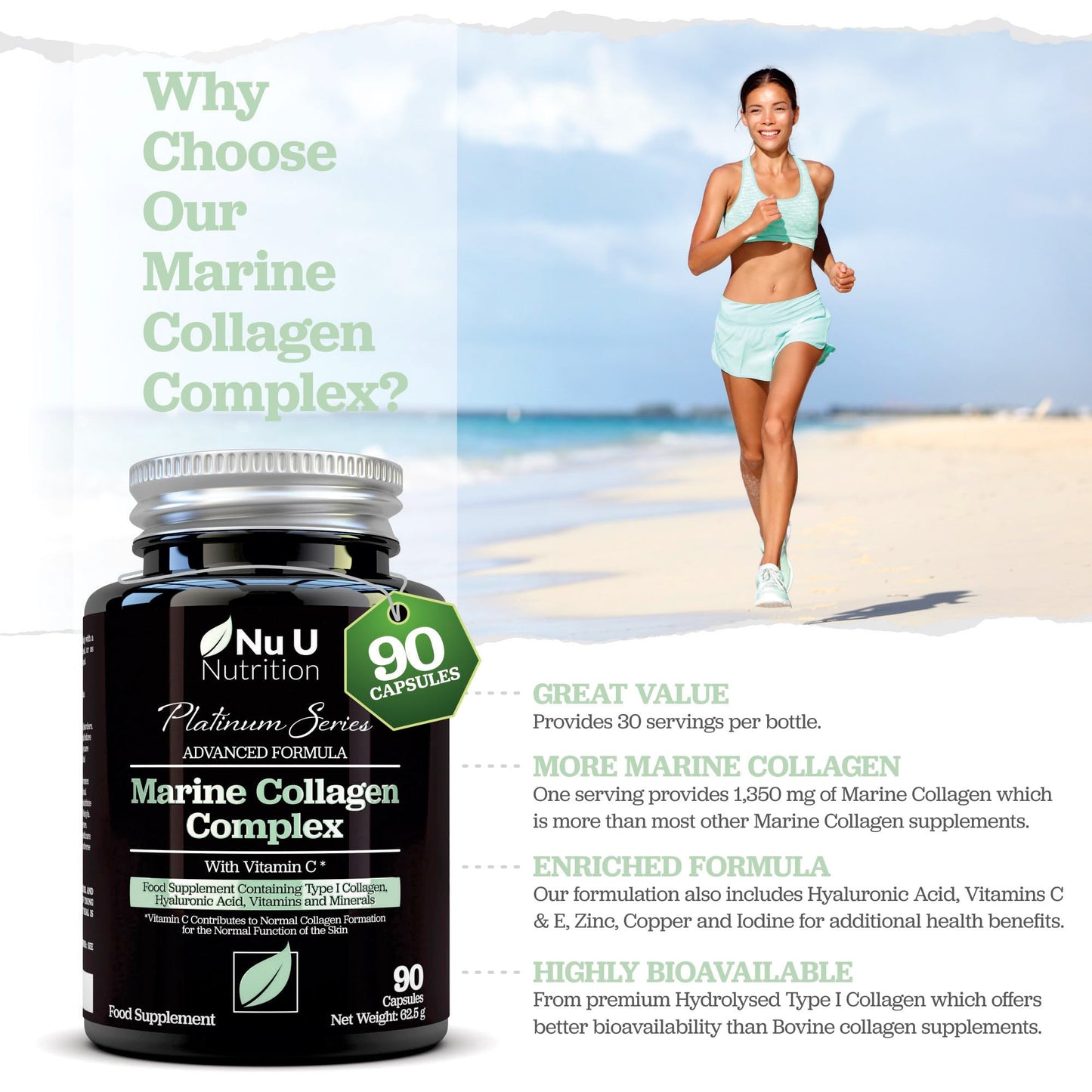 Nu U Nutrition Marine Collagen with Hyaluronic Acid, Vitamin C - 90 Hydrolysed Capsules (not Tablets) - Premium High Strength Collagen Supplements for Women & Men - Type 1 Marine Collagen - for Hair Nails & Skin