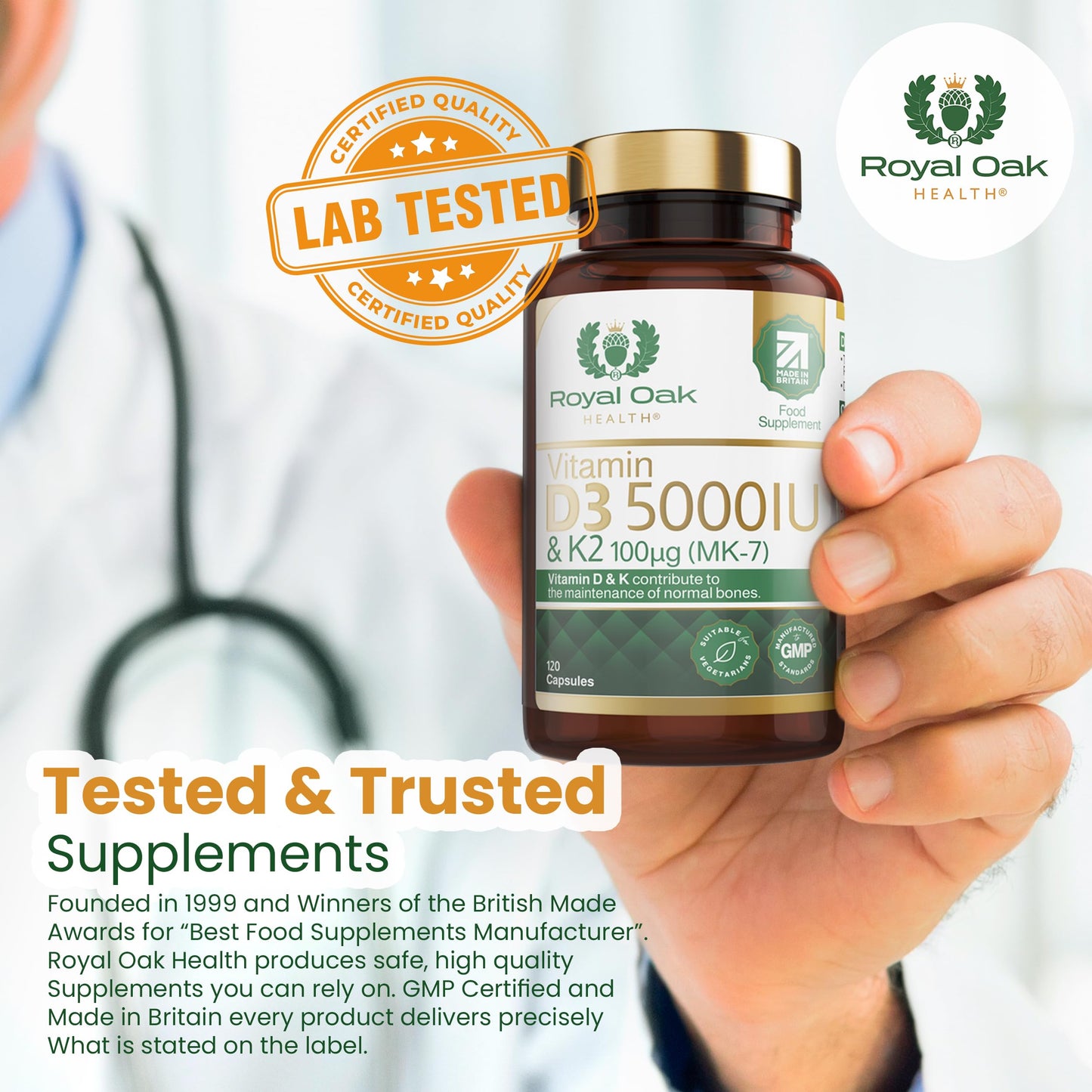 Vitamin D3 5000 IU & Vitamin K2 100mcg (MK-7) x120 Capsules - High Strength Vitamin D & K2 Supplement for Men & Women, Made in the UK by Royal Oak Health