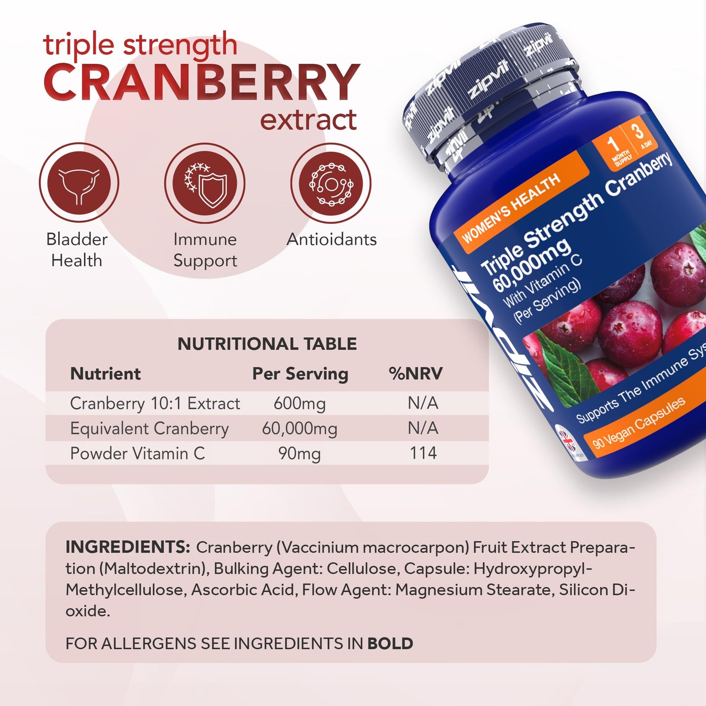 Zipvit Triple Strength Cranberry 60,000mg, High Strength Cranberry Extract with Vitamin C, 90 Vegan Capsules for Immune Support, 1 Month Supply, Supplement for Men & Women