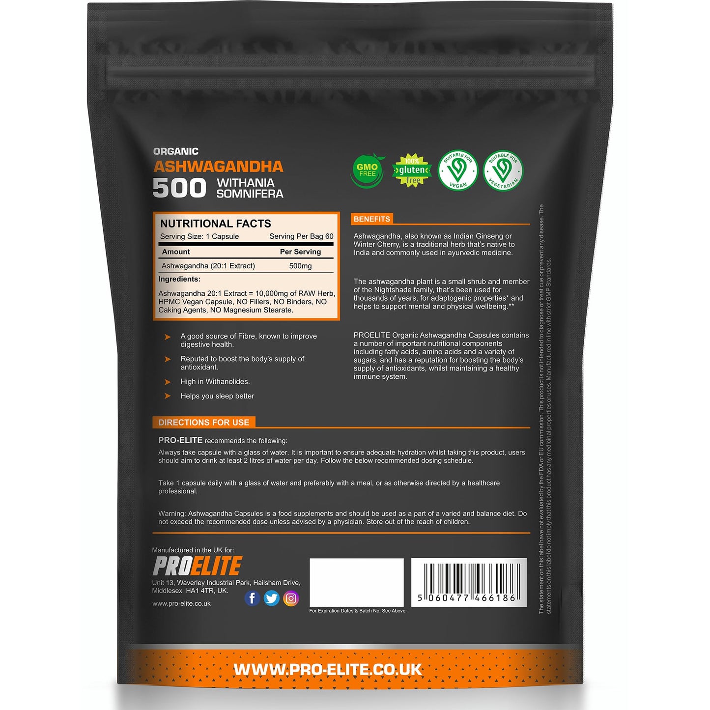 PROELITE Ashwagandha 180 Vegan Capsules Ashwagandha Root Powder Capsule 10% Withanolides 500mg High Strength 10,000mg Extract 20:1 | Stress Relief, Energy, Strength & Endurance by PRO-Elite