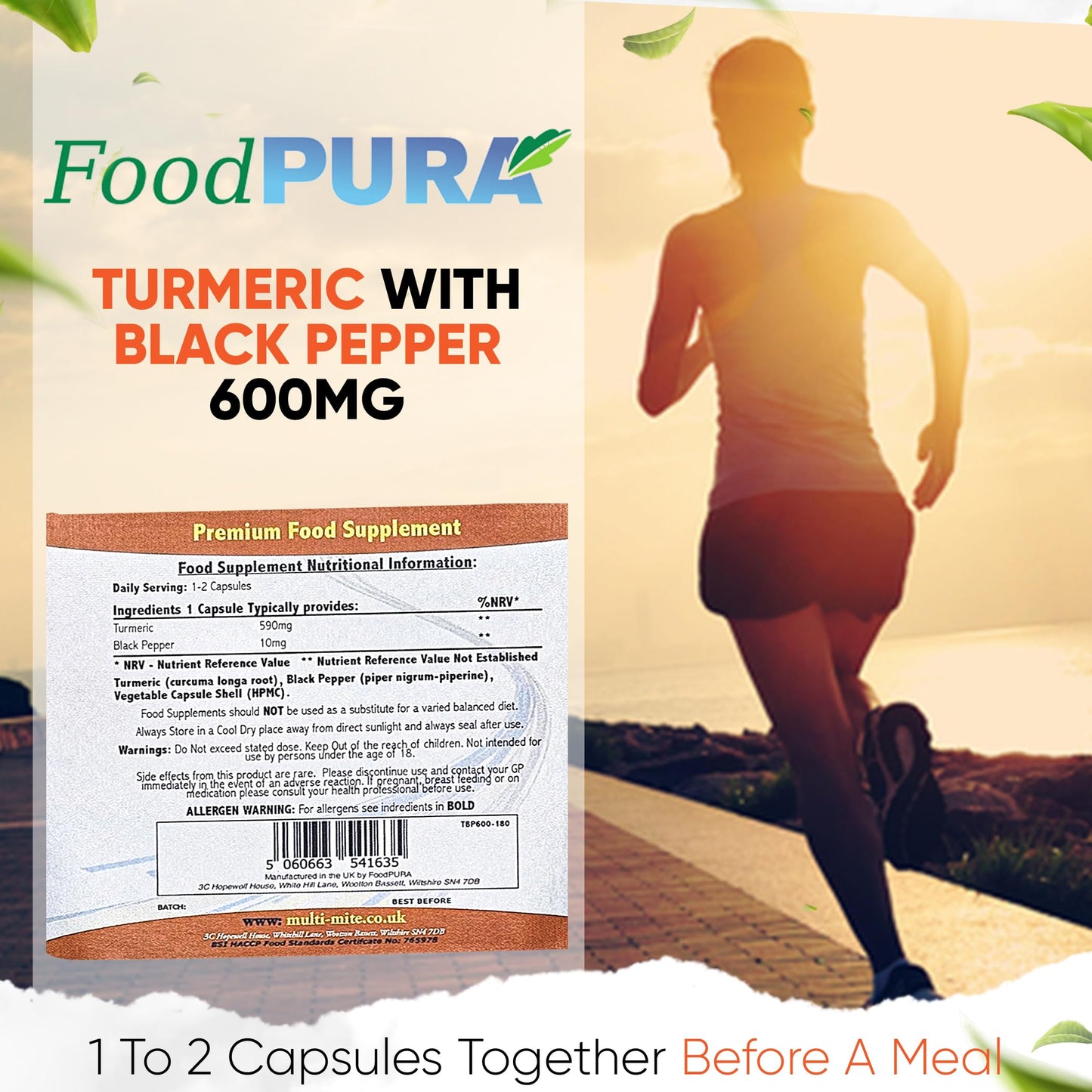 FoodPURA Turmeric with Black Pepper Capsules High Strength 600mg HACCP Certified, Manufactured in The UK by FoodPURA 1 Pack of 365 Capsules