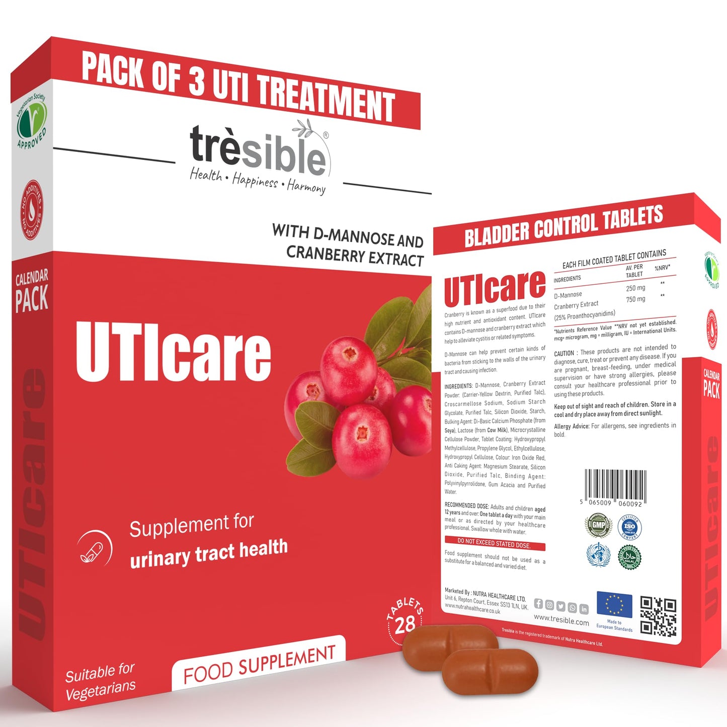 Tresible Trèsible Uticare D-Mannose & Cranberry Tablets for Urinary Infections (Pack of 3) - Natural Daily Supplement for Bladder Strength & UTI Treatment for Women, Veg & Gluten-Free, 12-Week Supply
