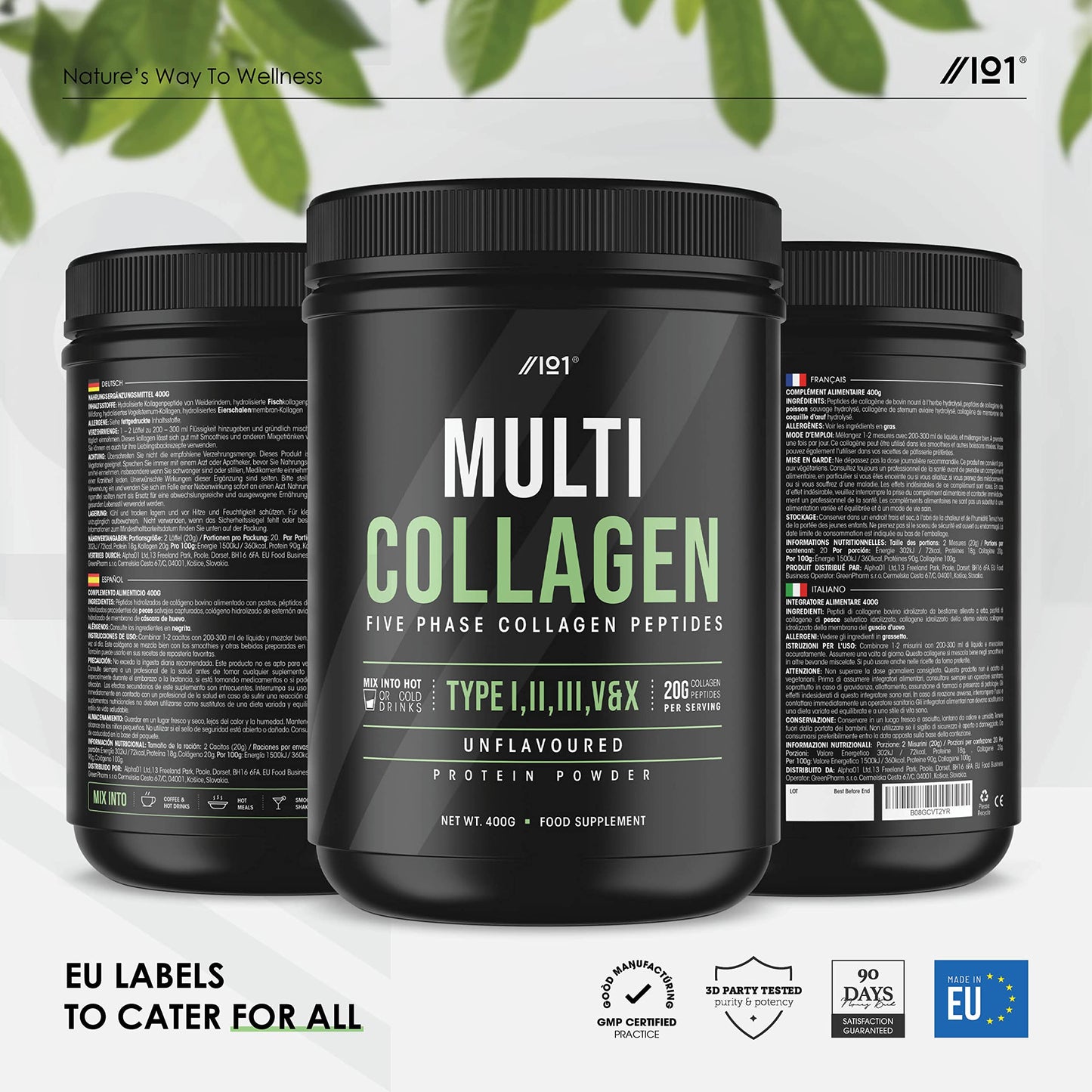 Multi Collagen Protein Powder (400g) - Types I, II, III, V & X - Hydrolyzed Grass Fed Bovine, Wild Caught Fish, & Free-Range Chicken & Eggshell Collagen. Non-GMO, Halal.