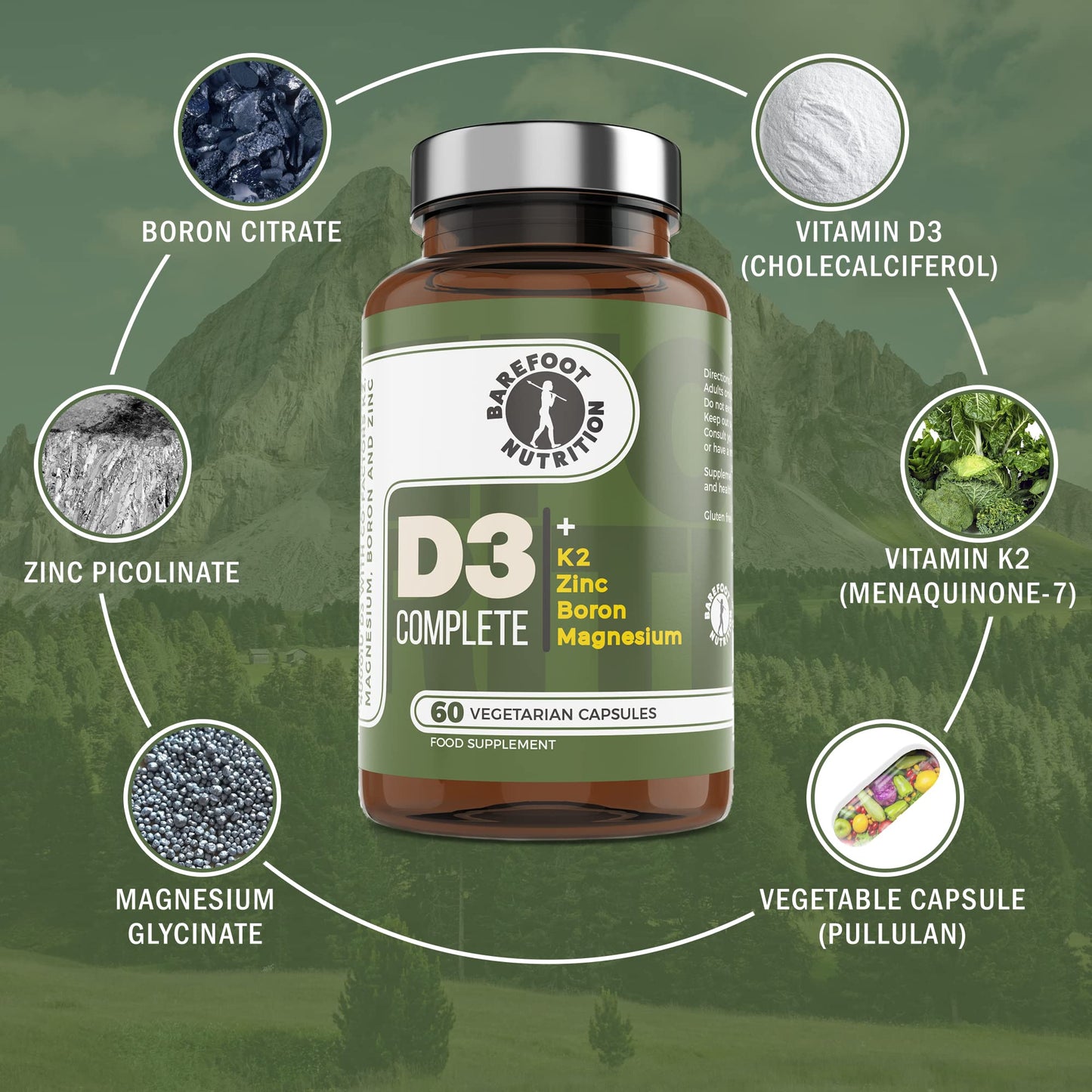 Barefoot Nutrition - Vitamin D3 Complete 4000 IU, With Vitamin K2 MK-7, Magnesium, Boron & Zinc Supplement, High Strength Formula for Bone and Normal Health Function, 60 Capsules