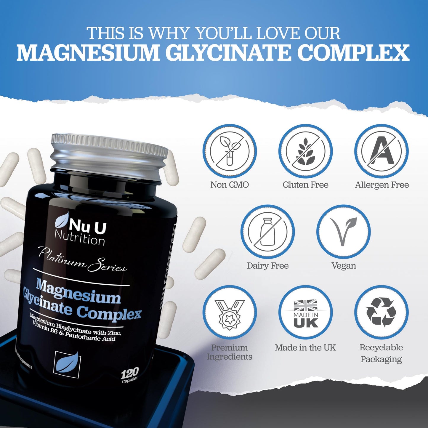 Magnesium Glycinate with Vitamin B6, Zinc and Pantothenic Acid - 120 Vegan Capsules - 250mg Elemental Magnesium from Chelated Magnesium per Serving - High Strength Magnesium Bisglycinate