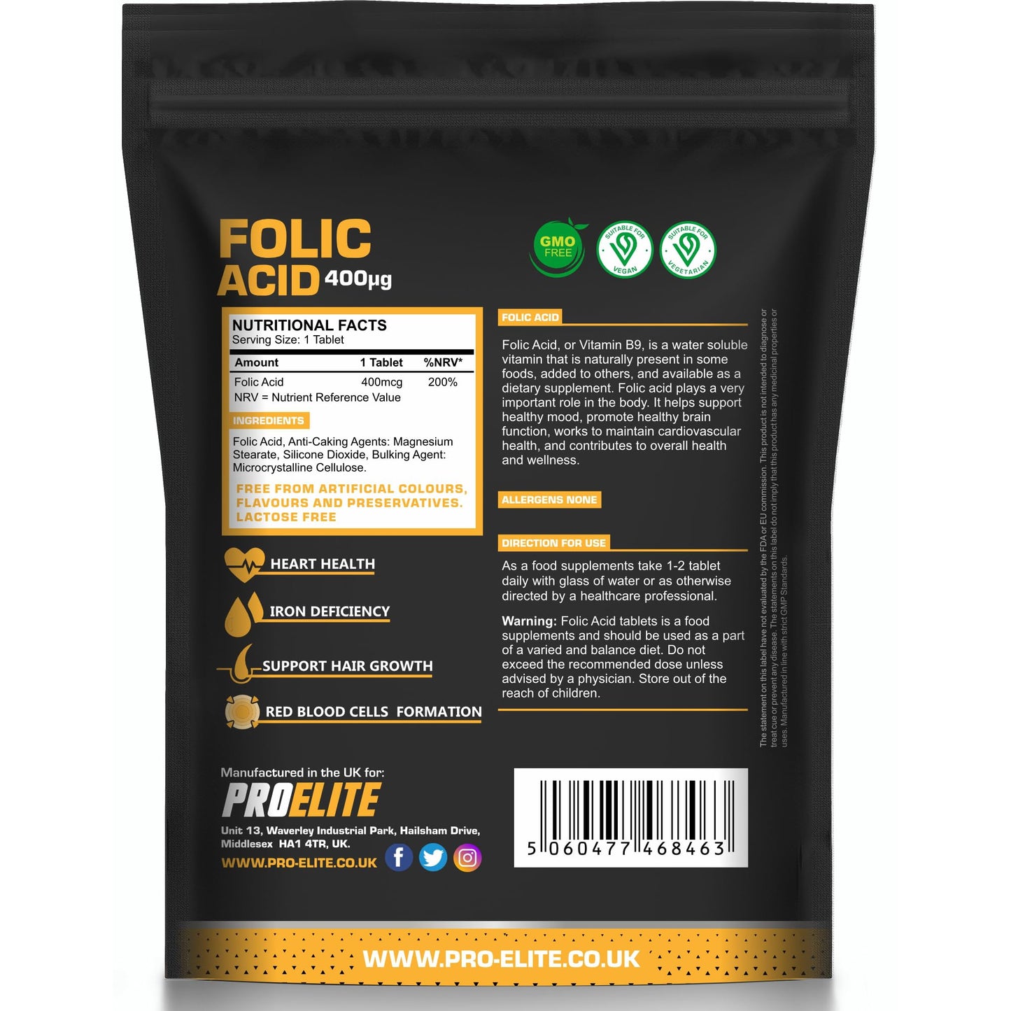 Folic Acid Tablets 400 mcg - 240 Vegan Vitamin B9 Tablets Folic A 400�g Pregnancy Care - Normal Function of Immune System and Reduce Tiredness and Fatigue - Made in The UK by PROELITE