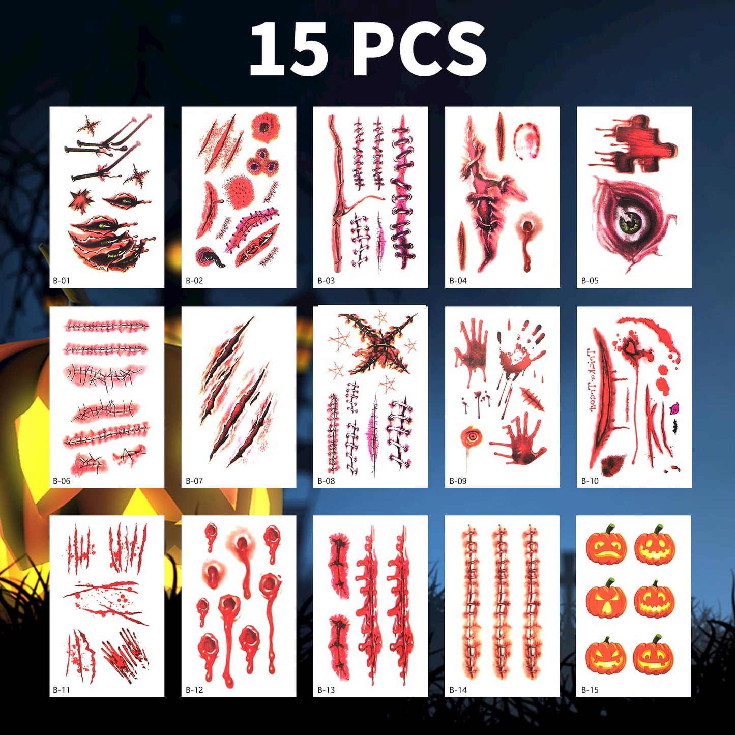 TsuperU Vampire Costumes Accessories Zombie Make Up Temporary Tattoos Halloween Face Stickers Fake Scars and Wounds Makeup, Halloween Costumes for Women Scar Tattoos Party Cosplay