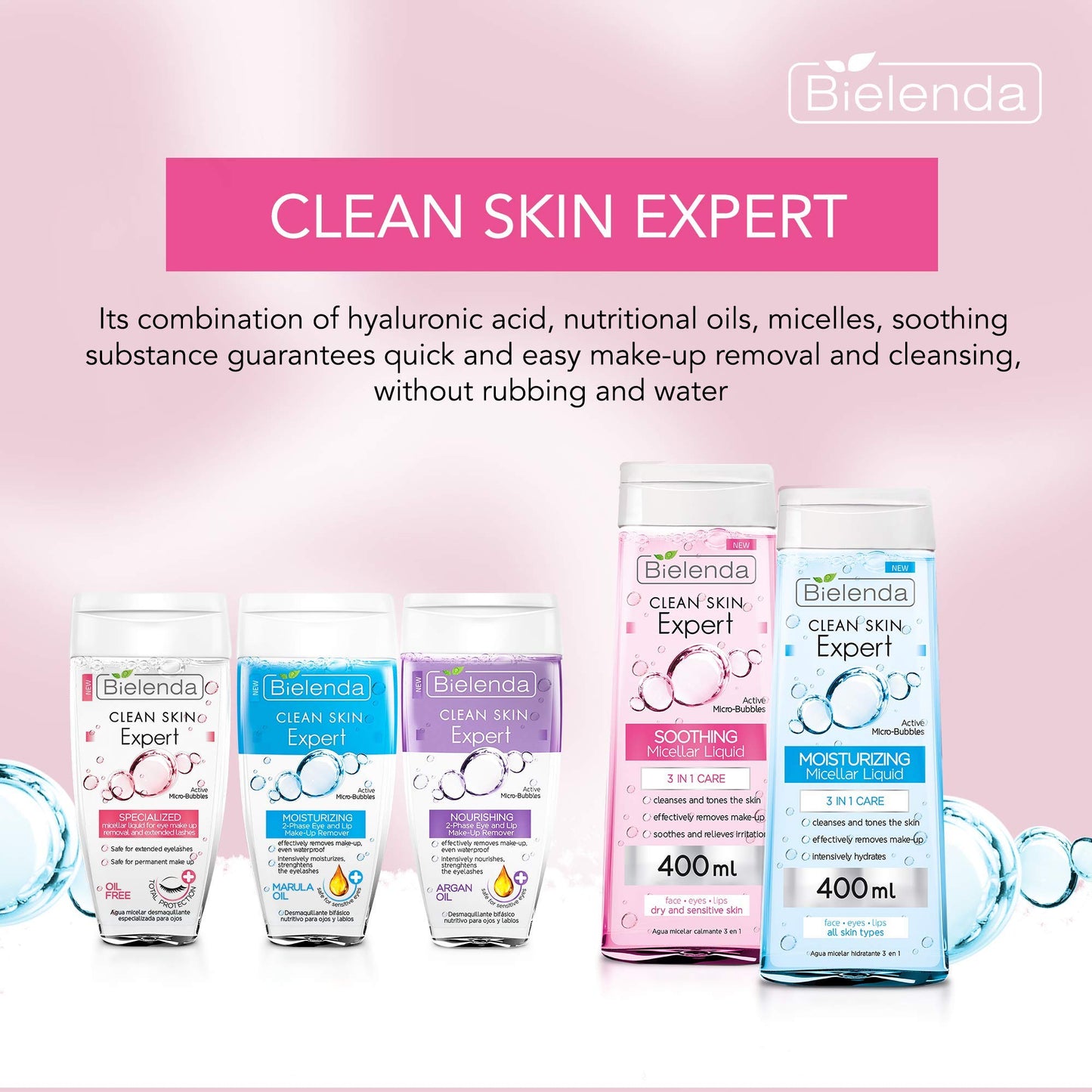 Bielenda Clean Skin Expert - 3-In-1 Soothing Micellar Water For Make-Up Removal And Cleansing Of The Face, Eyes And Lips - Clean Skin Expert 3 In 1 Soothing Micellar Water - 400 ml