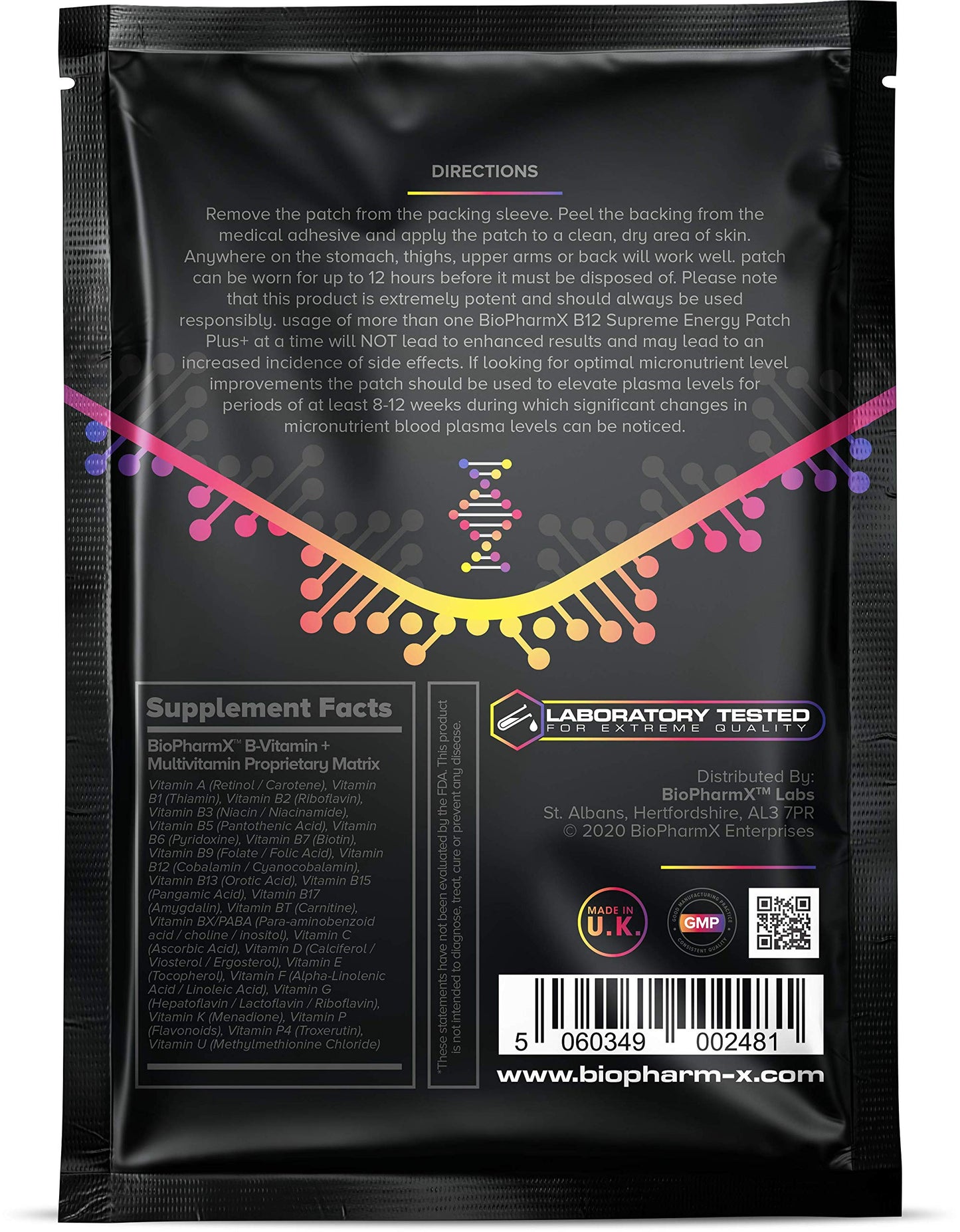 Biopharm-X Vitamin B12 1200mcg Supreme Energy Patch + Vitamins B1, B2, B3, B5, B6, B7, B8, B9 (1 Month Supply / 30 Patches) Premium Grade & High Strength B Complex Vitamin Patch
