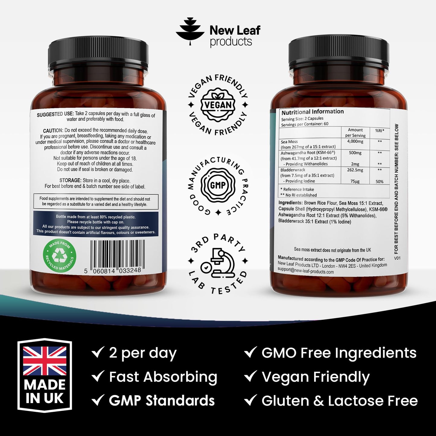 Sea Moss Complex - Pure Irish Sea Moss Capsules with Bladderwrack & KSM Ashwagandha - High Strength Sea Moss Capsule - 120 Fill Vegan Irish Sea Moss Capsules Made in The UK by New Leaf