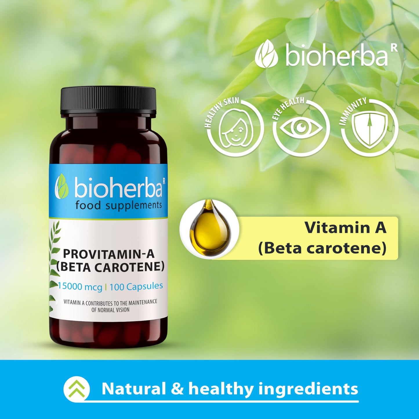 Beta-Carotene 100 Capsules 15000 mcg - High-Potency Provitamin A for Skin and Immune Health by BIOHERBA